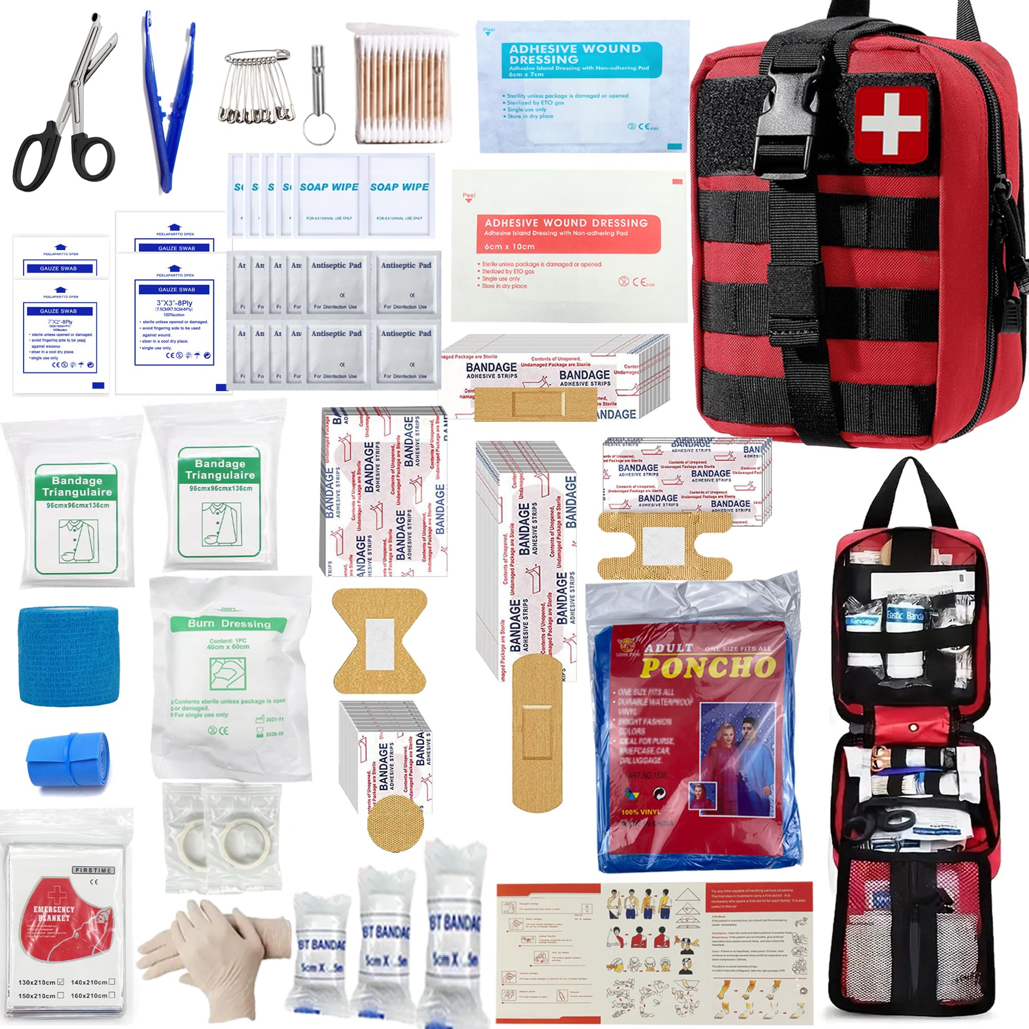 Juego de 293 bolsas Molle de primeros auxilios, kit de supervivencia de emergencia adecuado para actividades al aire libre, hogar, escuela, senderismo, viajes en coche y camping, artículos esenciales