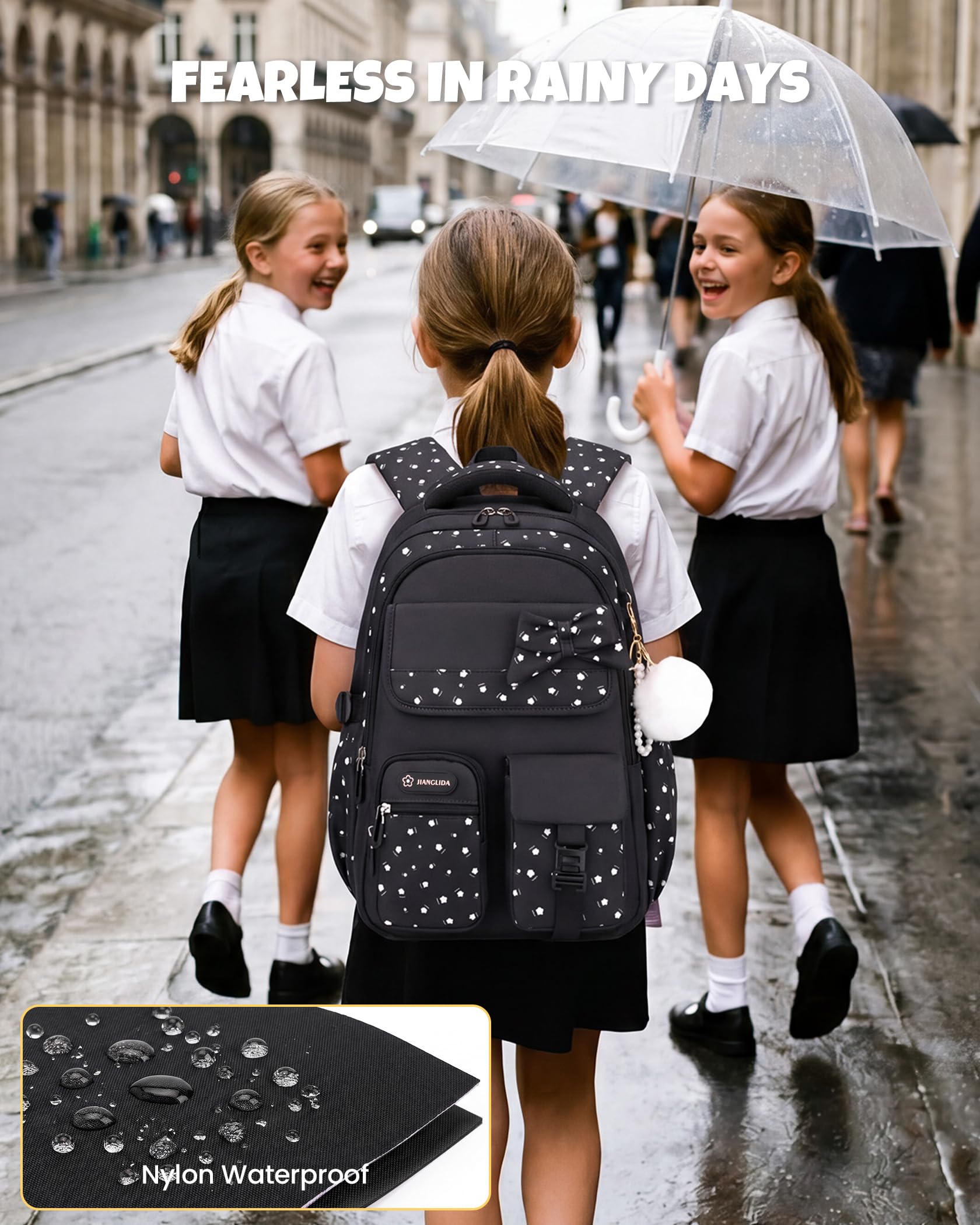 Amythe Cartable École Ados Filles 6 à 15 ans Imperméable Noir | Lycée Collège Grand Imperméable Junior Noir Daypack Multi-Poches Spacieux Robuste pour École Voyage Randonnée Loisir