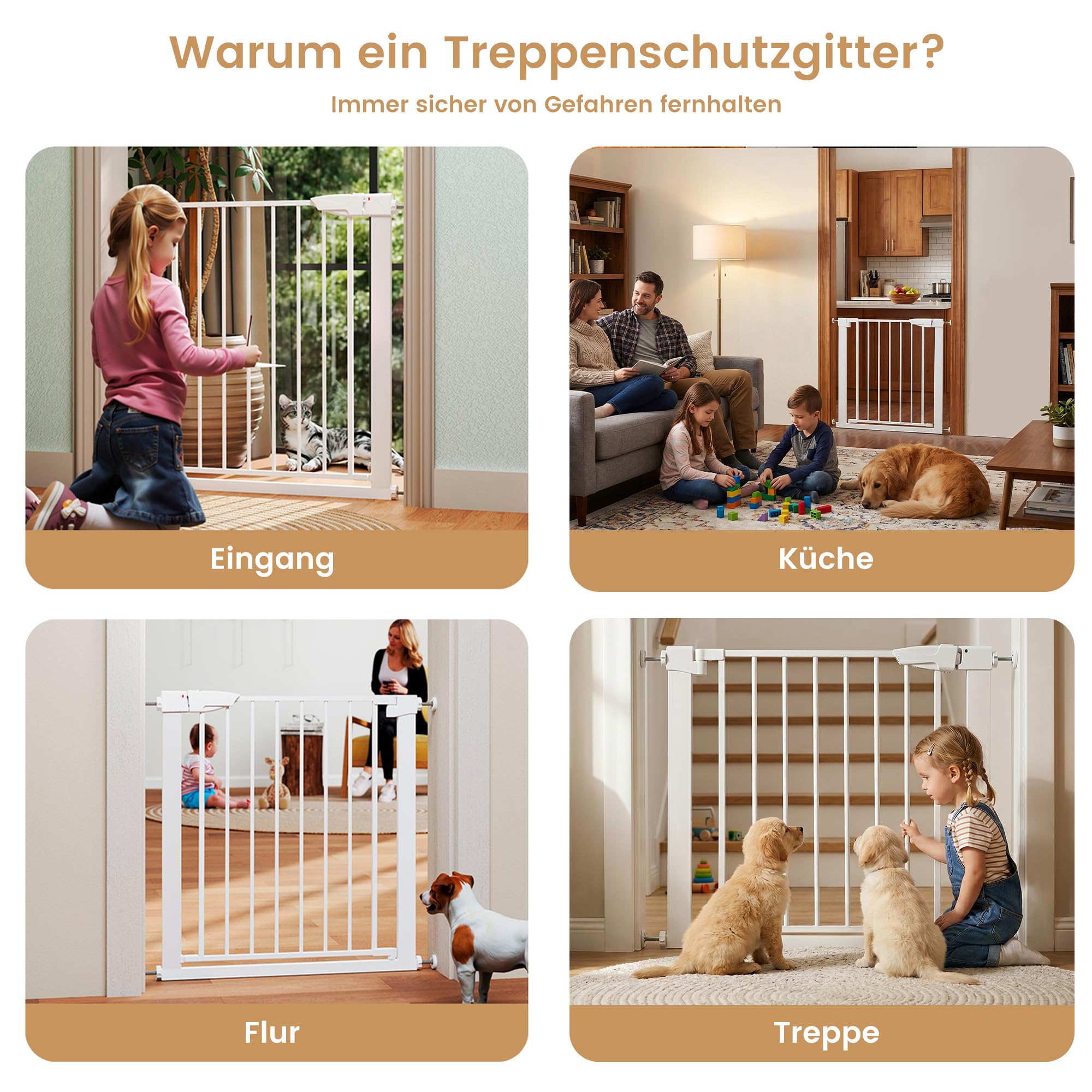 Treppenschutzgitter ohne Bohren, Türschutzgitter Kinderschutzgitter für Kinder und Haustiere, Verstellbare Breite 86-103 cm, Beidseitige Einhand Öffnung, Weiß