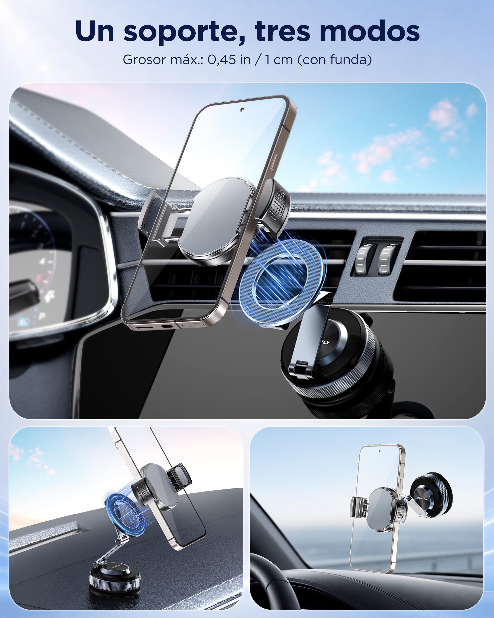MSXTTLY Soporte Magnético para Coche con Clip Adaptador, Vmag-S3 Brazo Largo + Clip, Sin MagSafe, Sin Anillo, Posición Flexible, para iPhone y Android