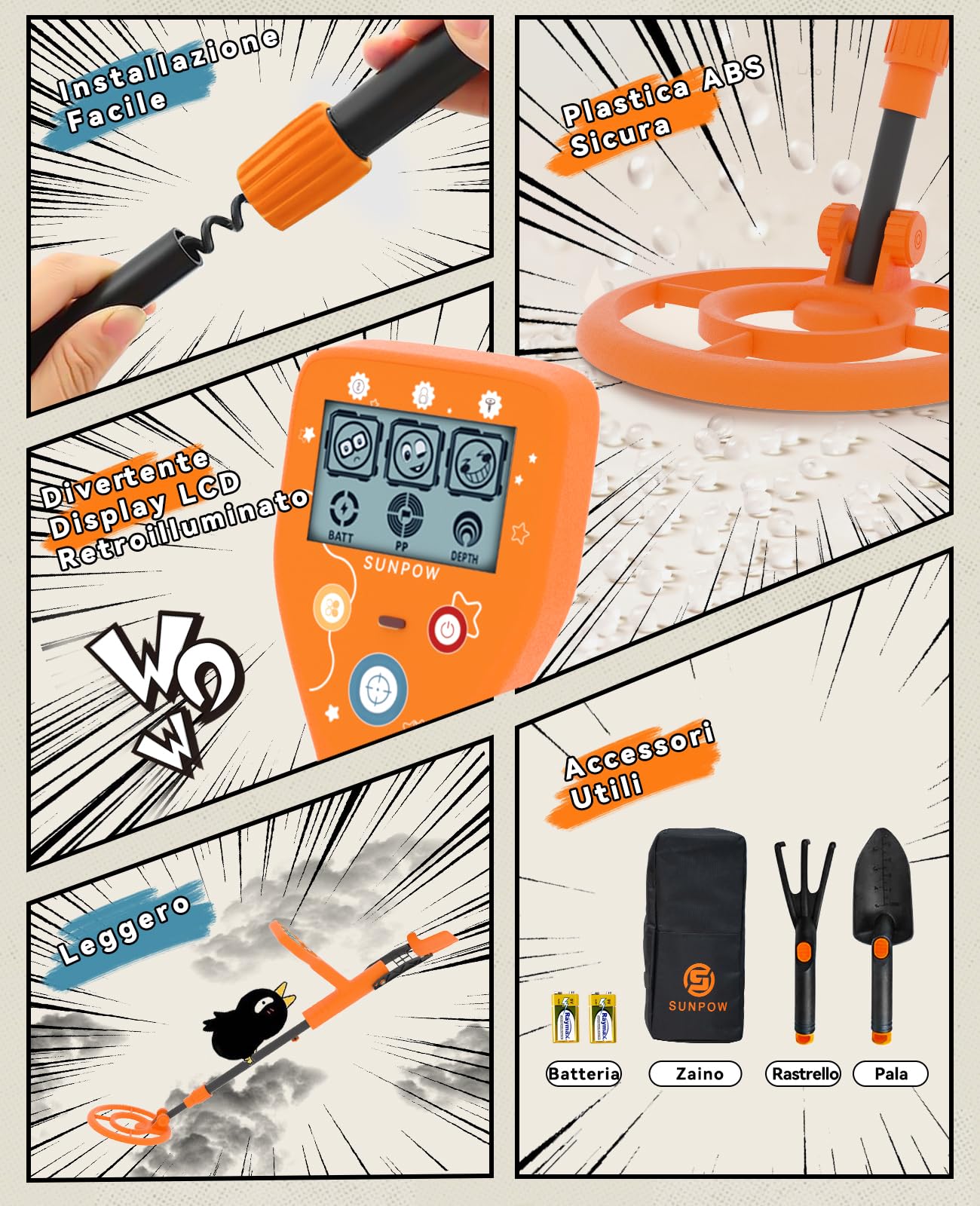 SUNPOW Metal Detector per Bambini - Metal Detector Leggero e Impermeabile - con Display LCD Cartoon, 3 modalità, Rilevatore d'Oro Regolabile - Facile da trasportare e da usare