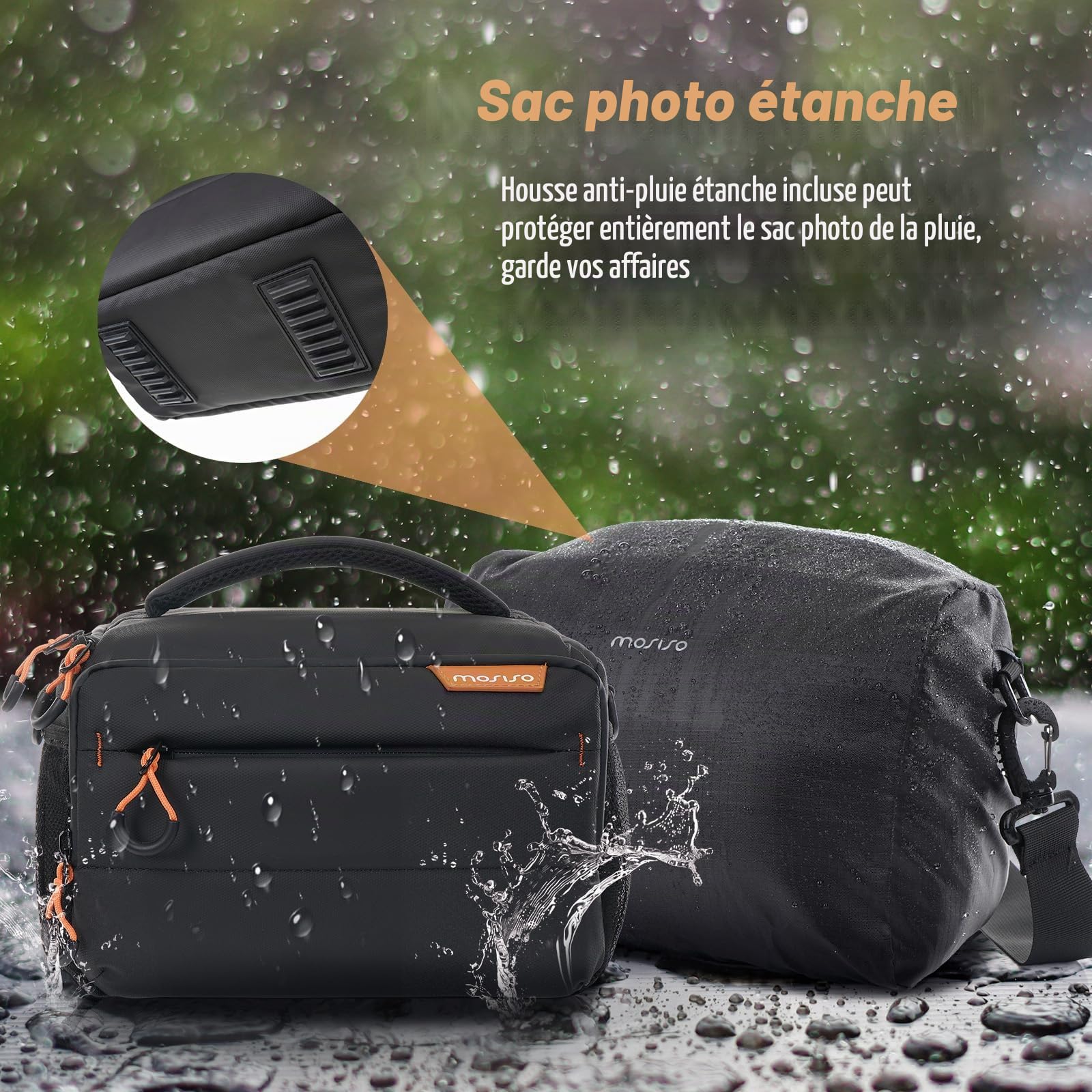 MOSISO Sac Photo pour Photographes, Sac Bandoulière Compact pour Appareils DSLR/SLR/Mirrorless, Étui Photo Crossbody Étanche Rembourré avec Housse Pluie pour Canon/Nikon/Sony,Noir