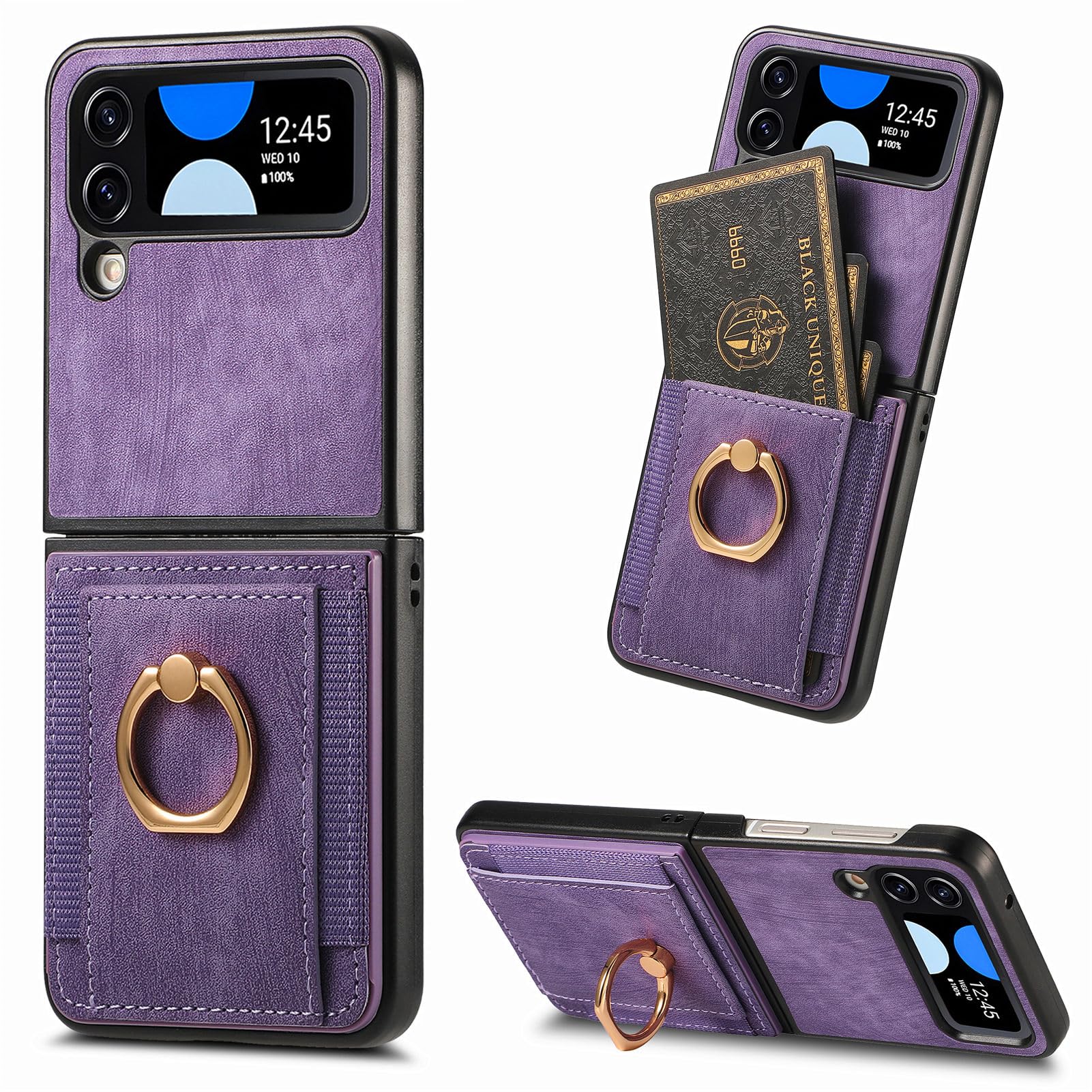 Asuwish Compatible with Samsung Galaxy Z Flip 4 5G 2022 Wallet Case and Card Slot Shockproof Protective Case Metal Ring Holder Stand Kickstand Cell Phone Cover for ZFlip4 Z4 Flip4 4Z Women Men Purple