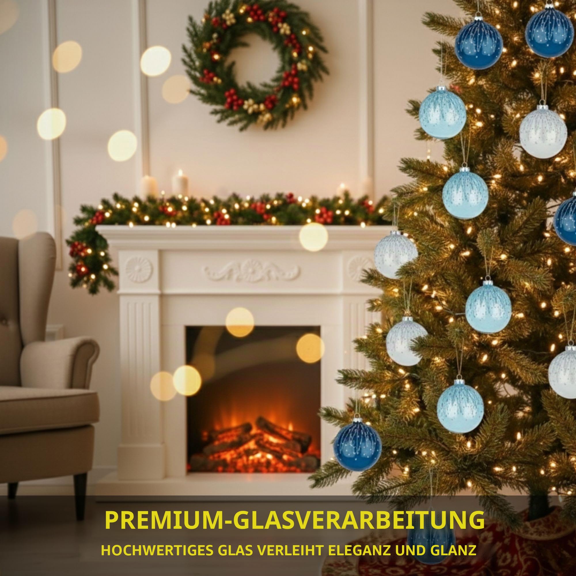 12 Stück/80 mm Glaskugeln, Weihnachtsbaumkugeln, hängende Ornamente, Verschiedene Designs, Weihnachtsbaumschmuck, Blau, Weiß