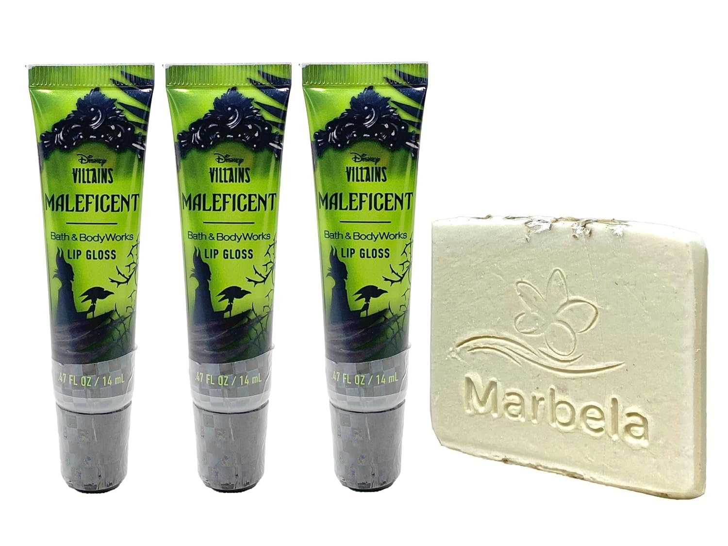 Bath & Body Works Disney Villains Collection Maleficent 3 Lip Gloss with a Natural Oats Sample Soap