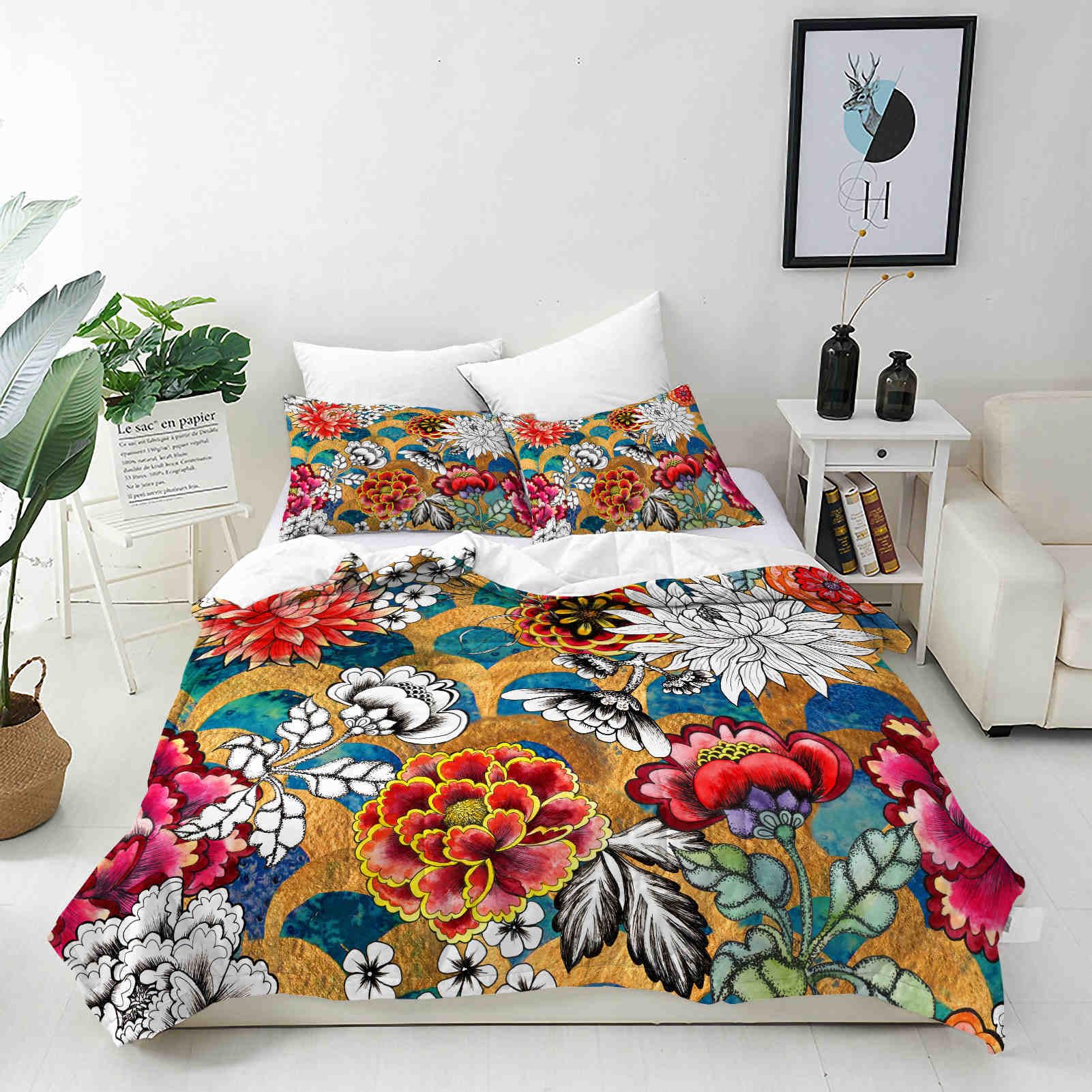 ANHOPE Custom Duvet Cover & Pillowcase Customized Size Bedding Set with Floral Fish Scale Carp Printed Pattern Personalised Quilt Cover for All Season