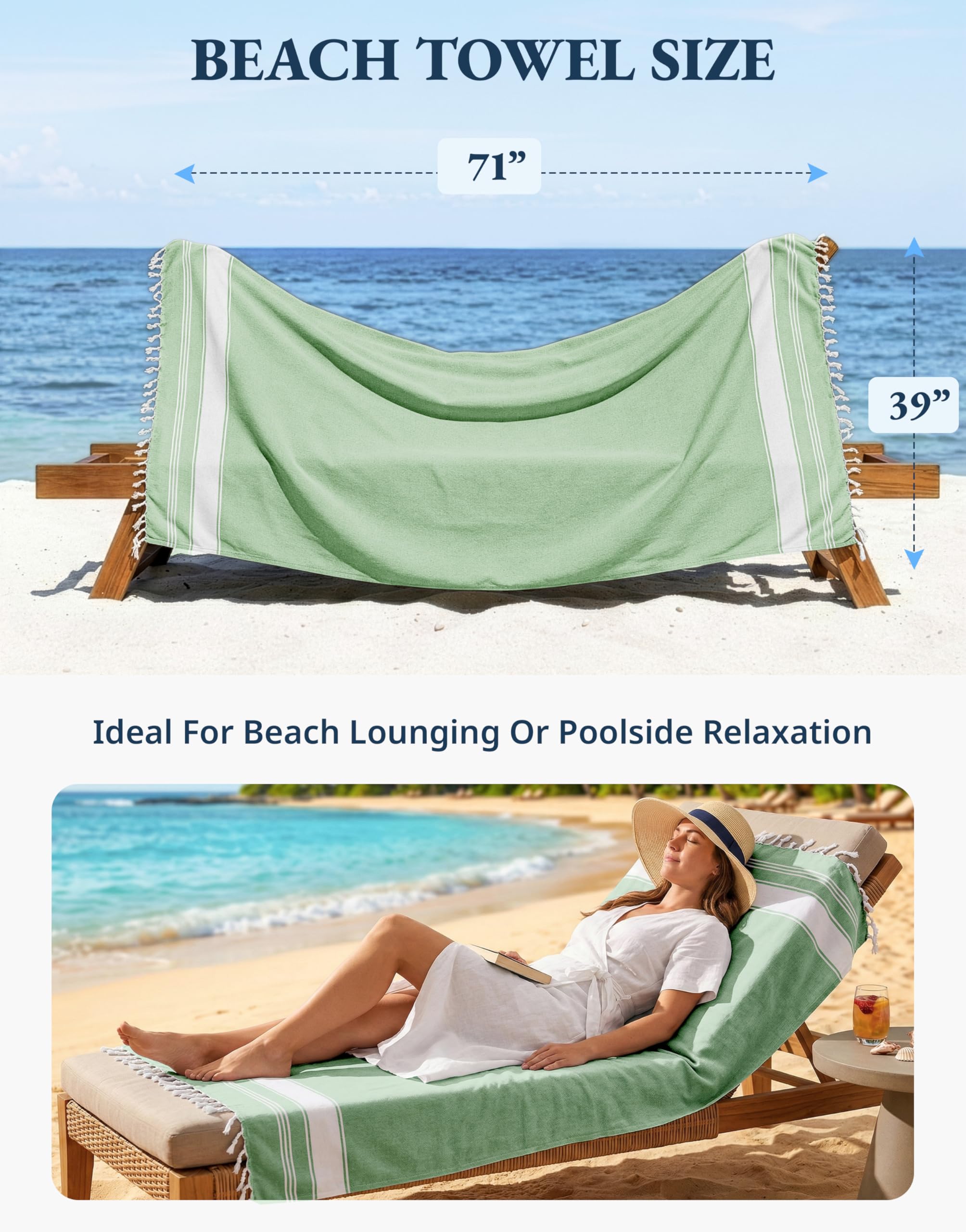LANE LINEN Lot de 4 serviettes de plage turques surdimensionnées, 99,1 x 180,3 cm, serviettes de piscine légères et à séchage rapide, serviettes de voyage pré-lavées, anti-sable et absorbantes, vert