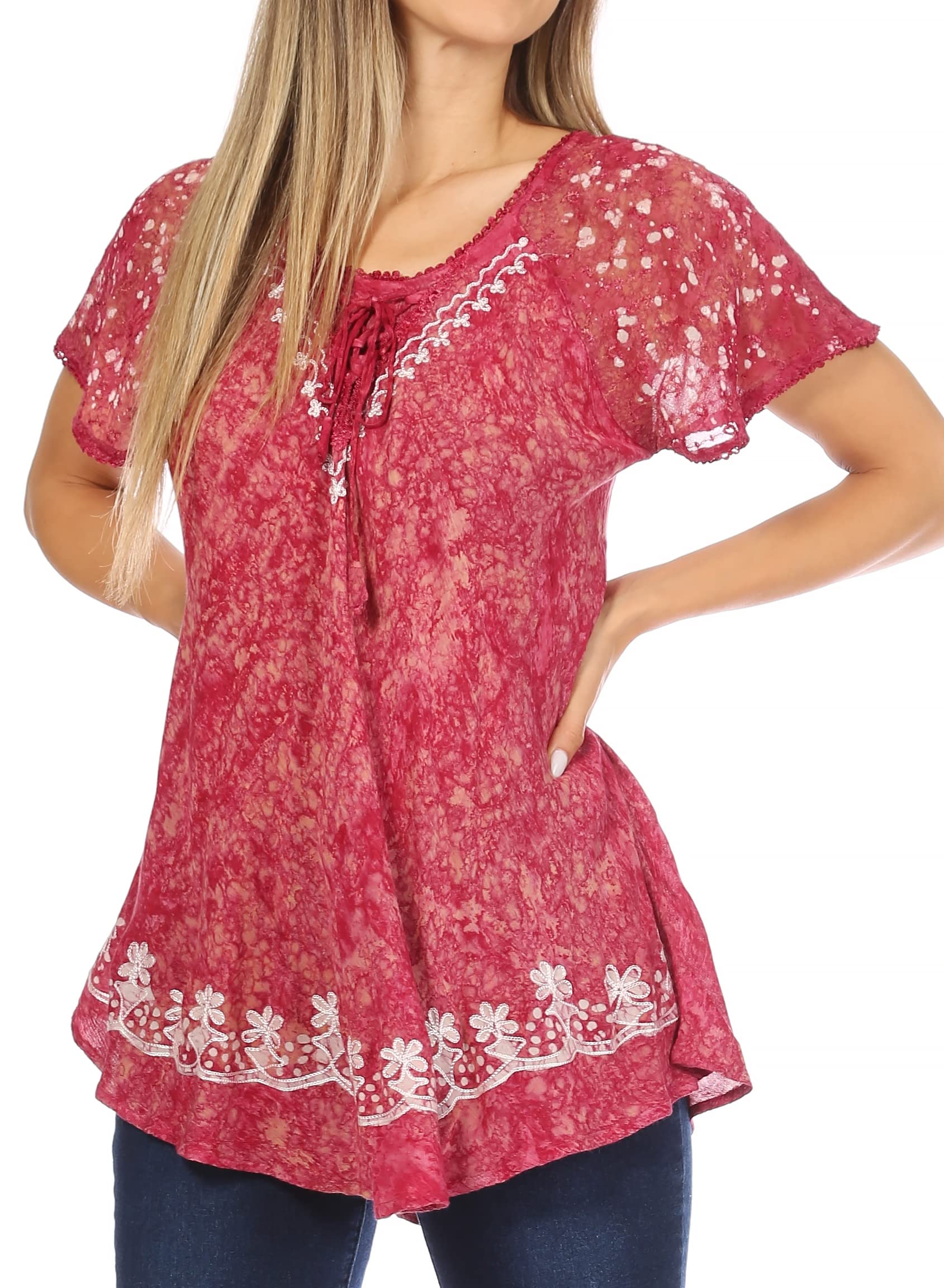 Sakkas Ash Speckled Tiedye Embroidered Cap Sleeve Blouse Top with Embroidery Hems