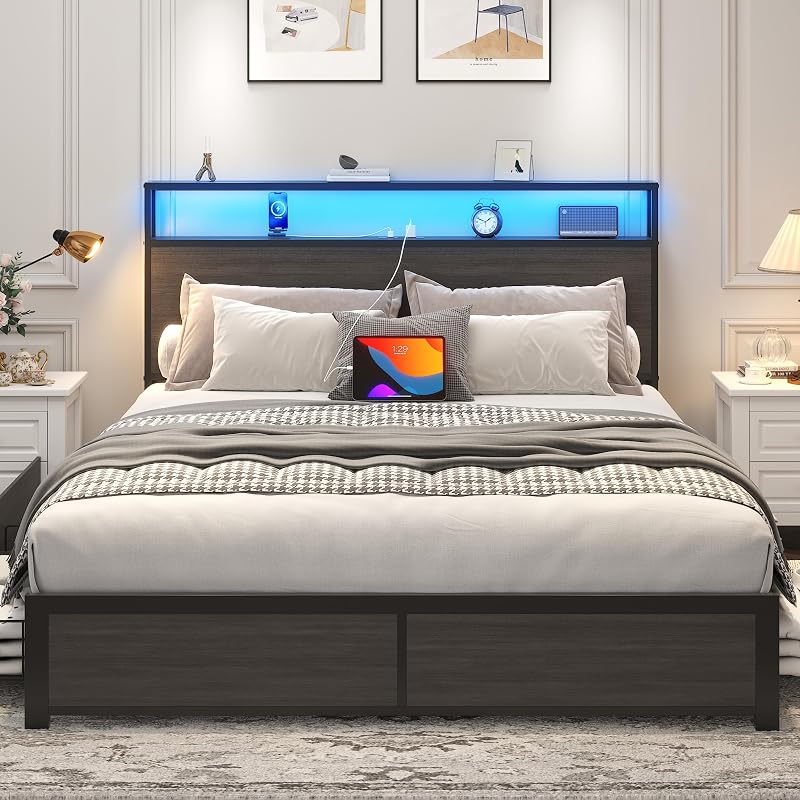 Lifezone Queen Bed Frame with 2-Tier Storage Headboard, Metal Platform Bed Frame with 4 Storage Drawers, Built in Charging Station & LED, Noise-Free/Metal Support/No Box Spring Needed, Rustic Grey image 3