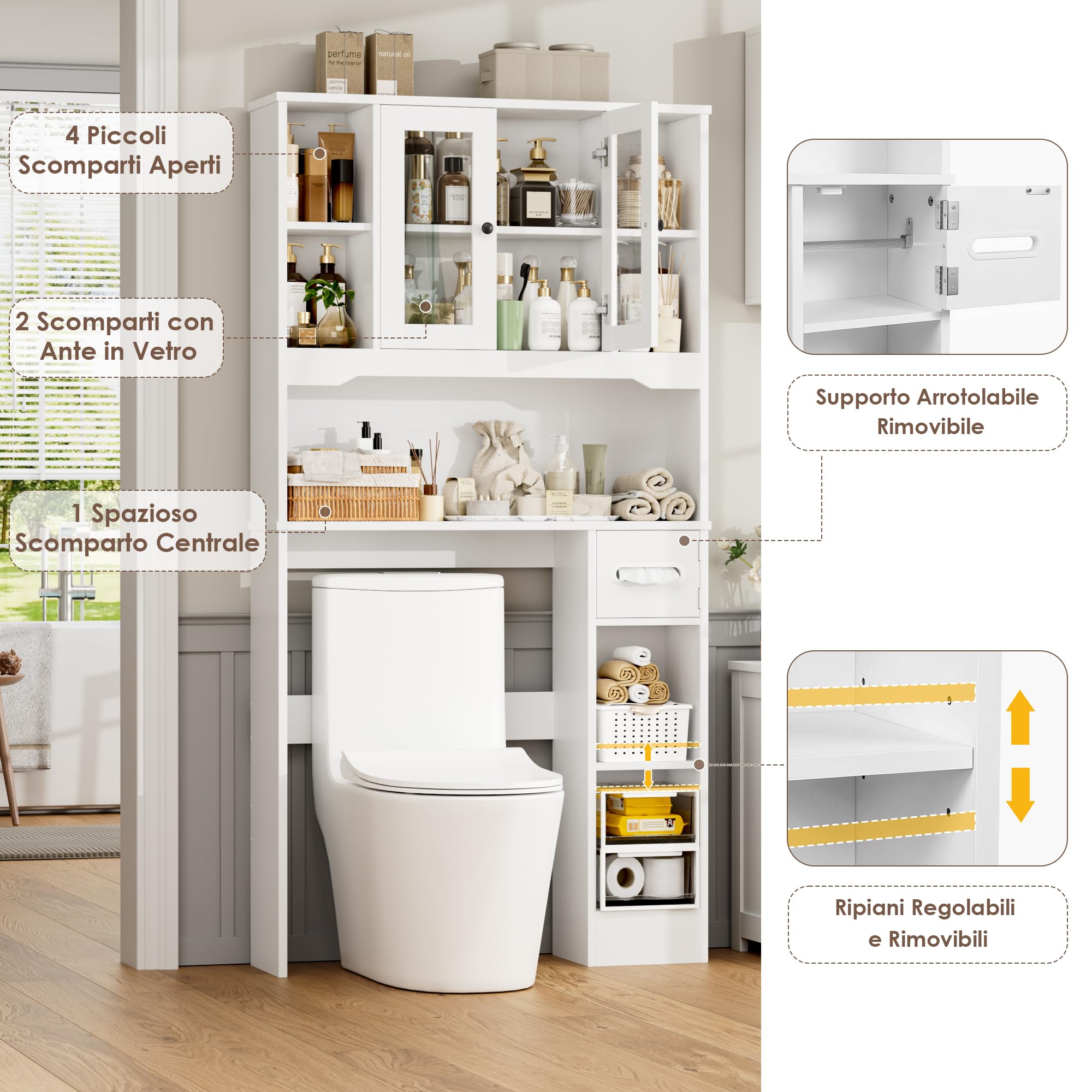FOREHILL Mobile Lavatrice con 2 Ante, Mobile Sopra WC a 7 Scomparti Aperti e Porta Fazzoletti, Scaffale Sopra Lavatrice a Ripiani Regolabili, Mobiletto Asciugatrice, 89x20x173cm (Bianco)