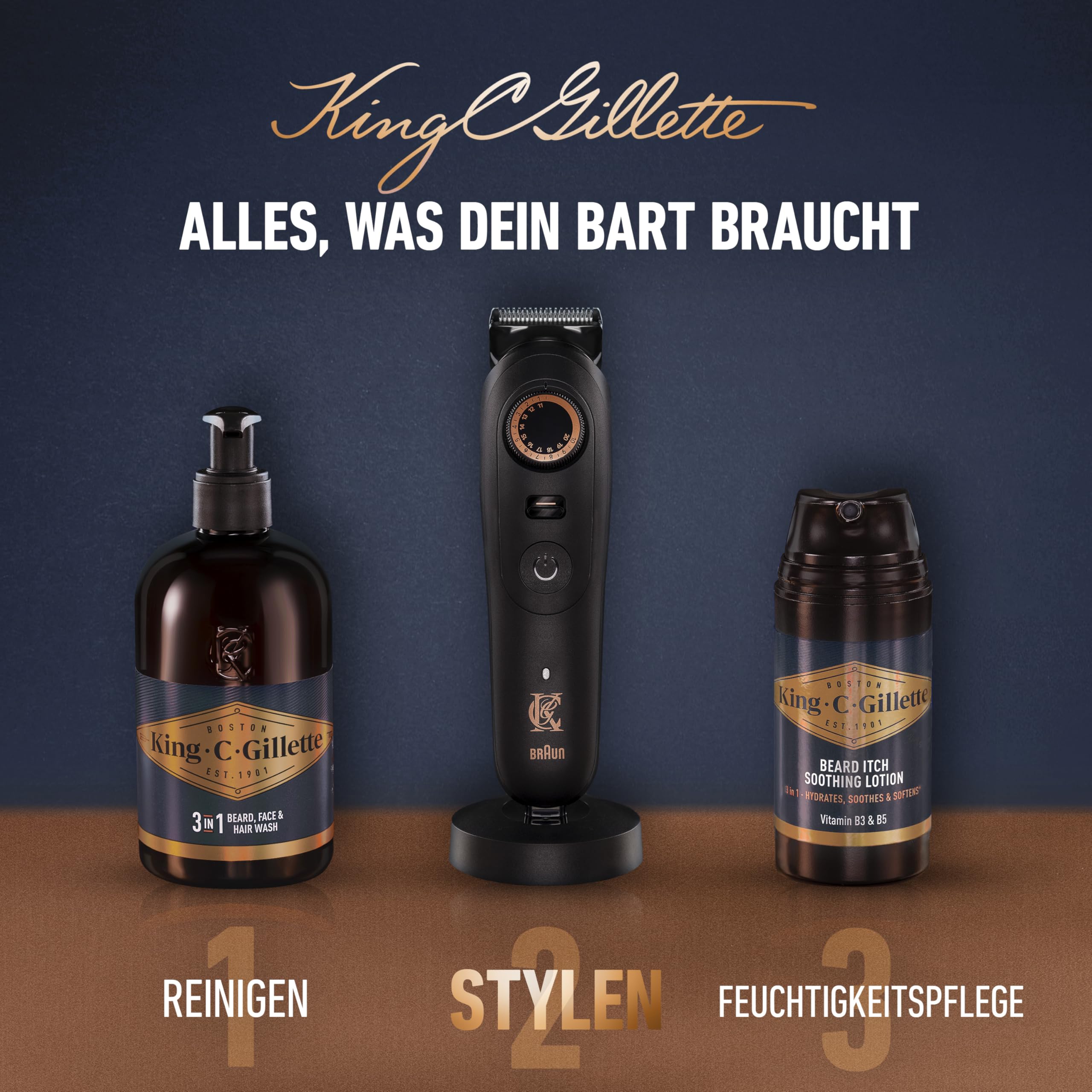 King C Gillette Barttrimmer Herren PRO, Kabelloser Bartschneider mit 40 Längeneinstellungen und Style-Lock — Inkl. Trimmer, 1 Reinigungsbürste, 4 auswechselbare Kammaufsätze und 1 Ladekabel — Schwarz