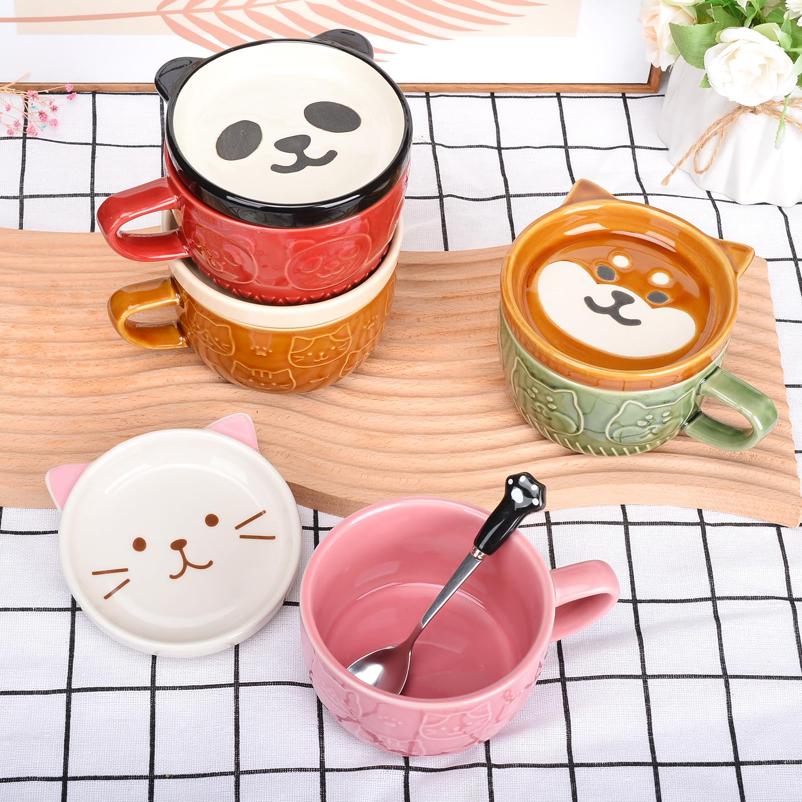 XinHuiGY Cute Cat Coffee Mug with Lid,Animal Tea Cup Saucer Set,Kawaii Ceramic Mugs with Biscuit Holder and Spoon,Gifts for Women Her Mothers Day Easter Christmas Girl Boy Teacher Friend (Pink Cat) - Image 3