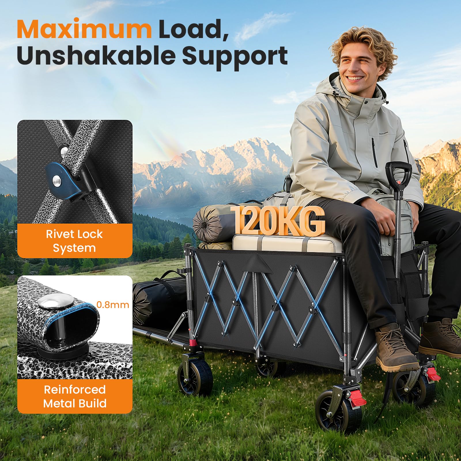 YEAUPE PRO Carro Plegable Todo Terreno – Frenos Dobles, Ruedas Anchas, Estructura Reforzada, Mango Ajustable – Ideal para Playa y Camping – 150‑240L, Negro - 4