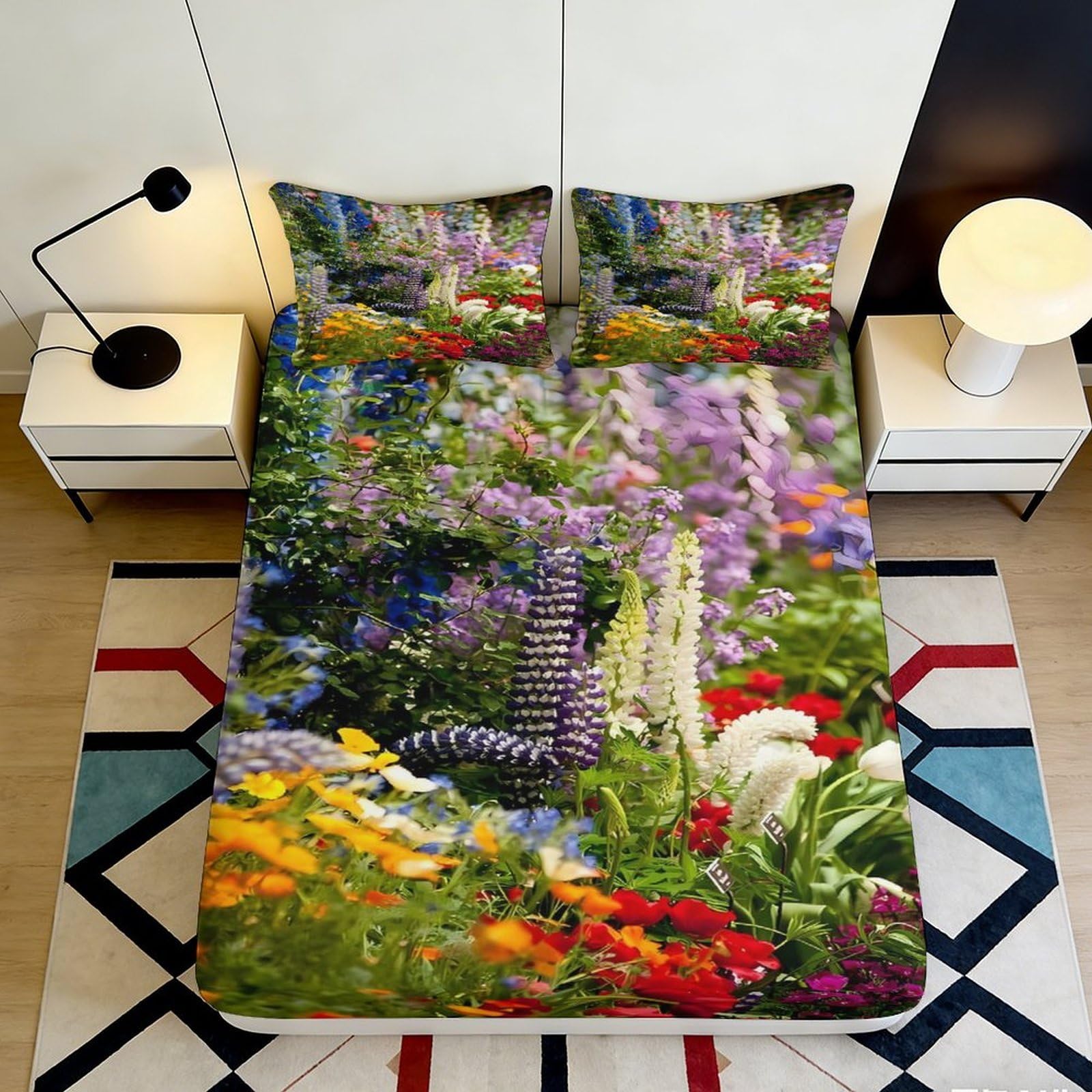 3D Printed Wildflower Garden Fitted Sheet Microfiber Colourful Meadow Bed Cover for Bedroom Guest Room Decor 90x200x25cm