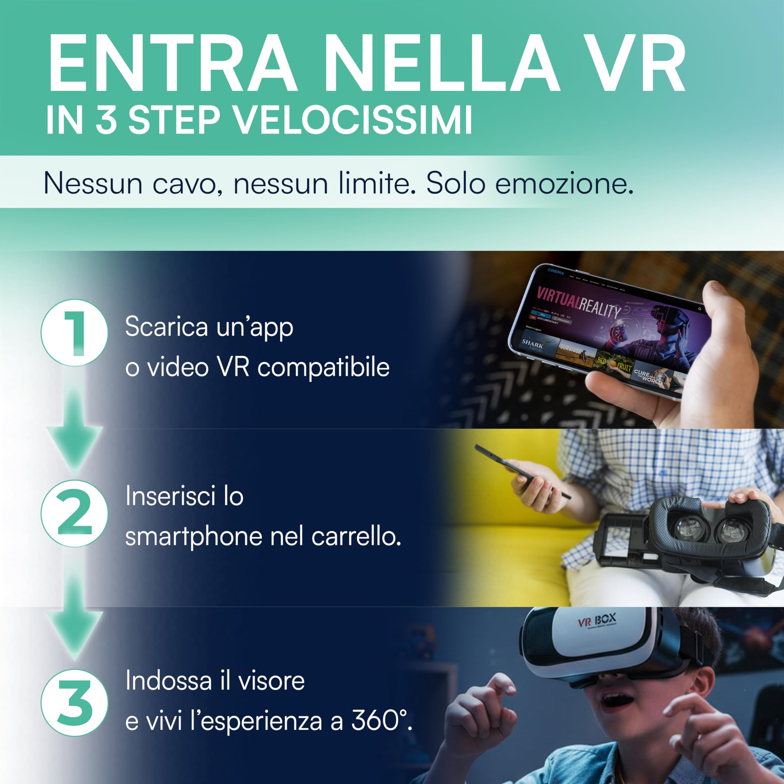 TEMPO DI SALDI Visore Realtà Virtuale 3D compatibile IOS e Android, Visore VR Smartphone da 4.7 a 6 pollici, Occhiali VR per giochi, video e Virtual Reality immersiva