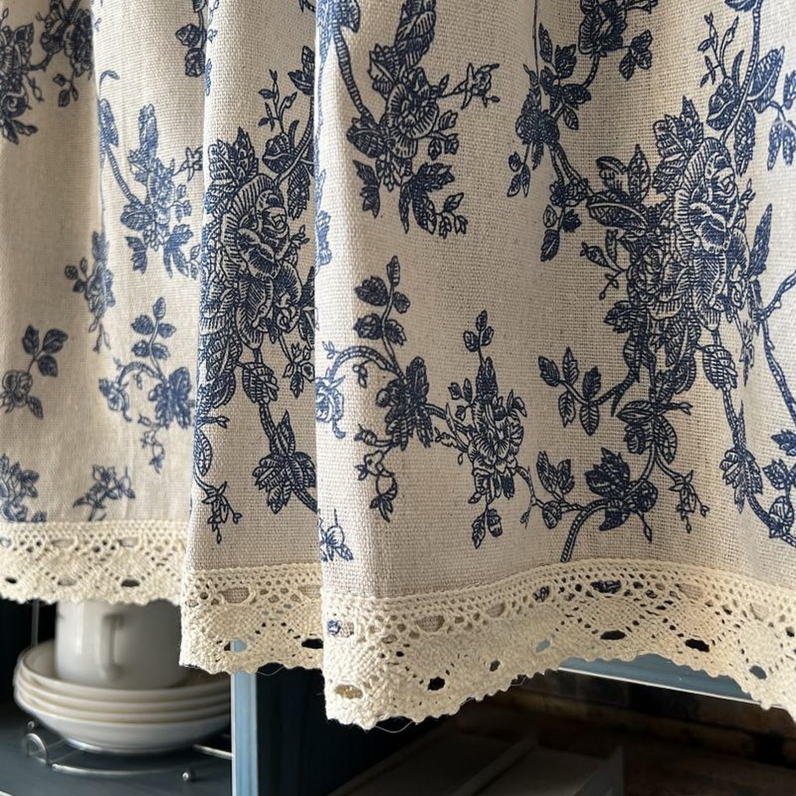 A.Monamour Gardine Scheibengardinen Kurzstores Bauernhaus Baumwolle Leinen Blau Geblümt Semi Verdunkelung Kurzvorhang Kurzgardinen Küchengardine Küche Vorhang Fenster Kurz Stores Bistrogardine