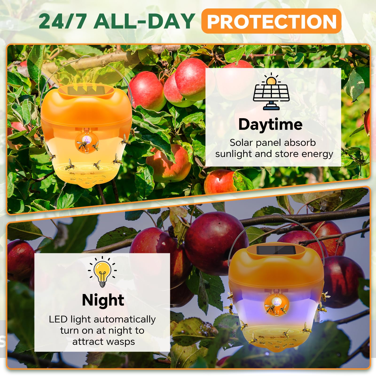 Wespenfalle, Solar Wespenfallen Hängend, Wiederverwendbare Gelbe Jackenfalle mit LED-Licht, Wespenvernichter, Bienenhornissenfallen für draußen Obstgarten, Bauernhof, Garten, Terrasse, Hof