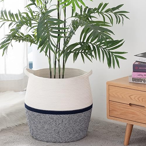 Miniatura 5 de KAKAMAY Cestas tejidas para almacenamiento (17 x 17 pulgadas), canasta grande de cuerda de algodón tejida para bebé, cesta de lavandería plegable,