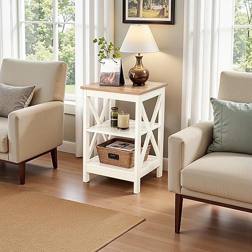 Miniatura 9 de GREEN PARTY Juego de 2 mesas auxiliares para sala de estar, mesas auxiliares con estante de almacenamiento de 3 niveles, mesita de noche pequeña