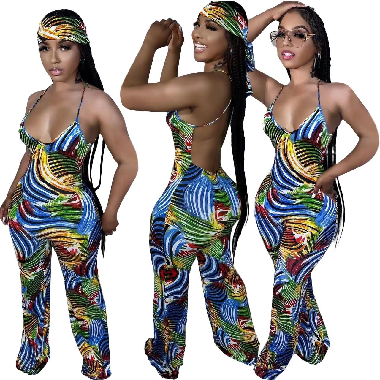 2023 Tute da Donna Sexy con Cinturino per Spaghetti Jumpsuits alla Moda con Stampa Geometrica Playsuits Aderenti con La Fascia