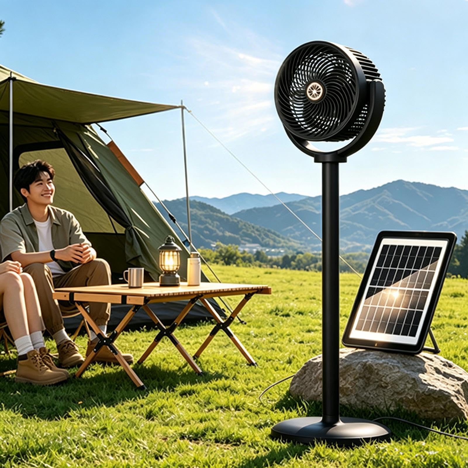 Ventilador de Pie con Energía Solar Ajustable Bajo Ruido Recargable por USB | Ventilador Solar De Suelo Vertical para usar en Patio, Dormitorio, Salón, Residencia, Oficina, Camping y