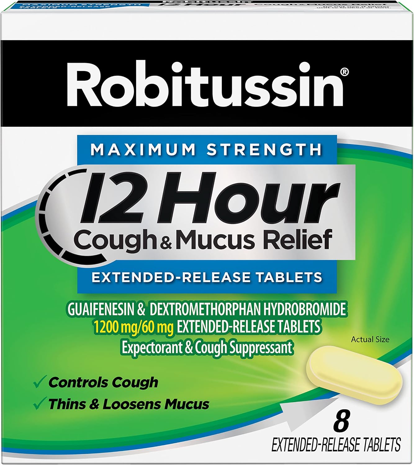 Robitussin Tablet 12 Hour Cough and Mucus Relief Extended-Release, Controls Cough, Thins and Loosens Mucus, Alcohol Free, 1 Tablet Every 12 Hours, 8 Count