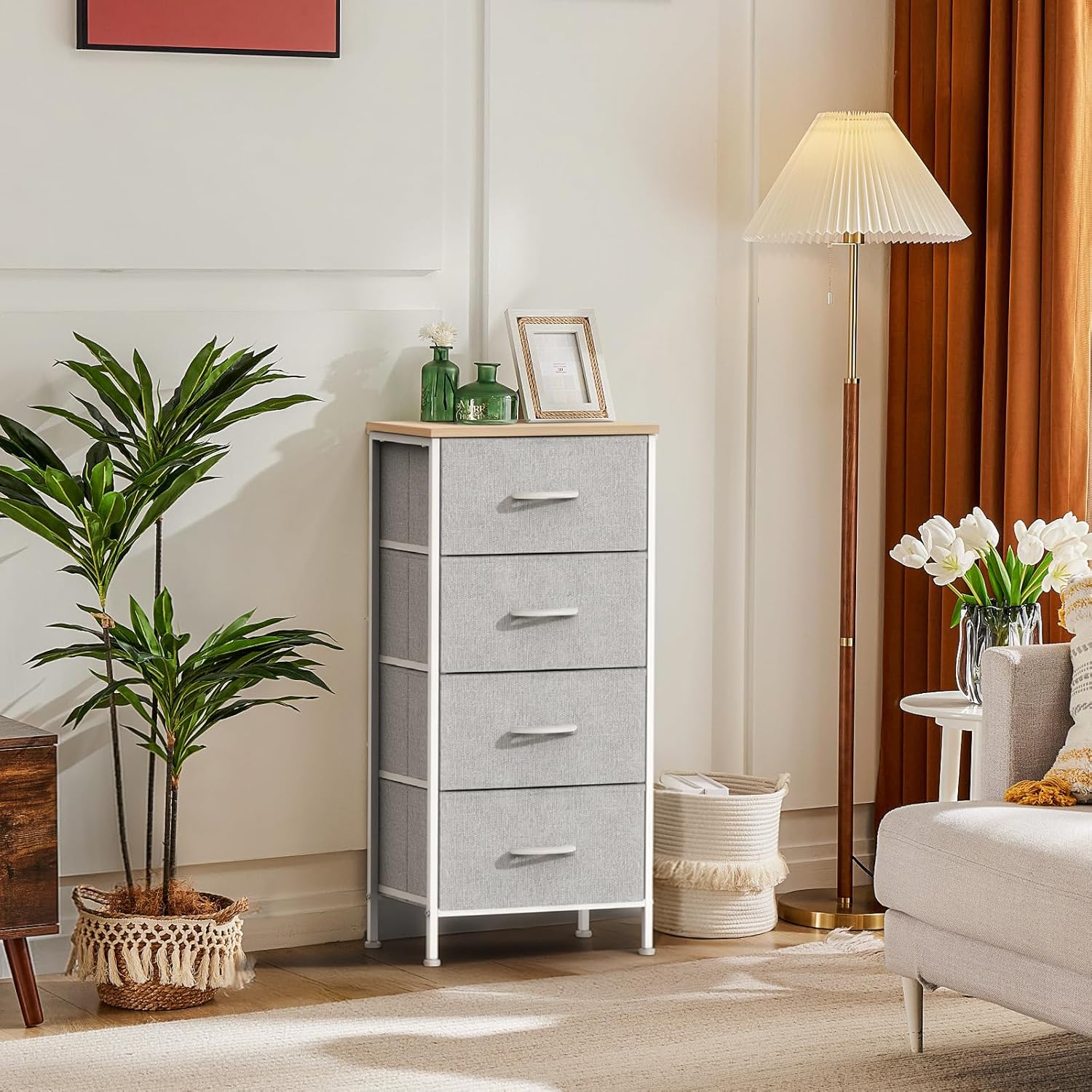 DUMOS Nightstand with 4 Drawers Bedside Table with Removable Fabric Bins Sturdy Steel Frame Wood Top Organizer Furniture for Bedroom Closet Living Room,Light Gray - Image 2