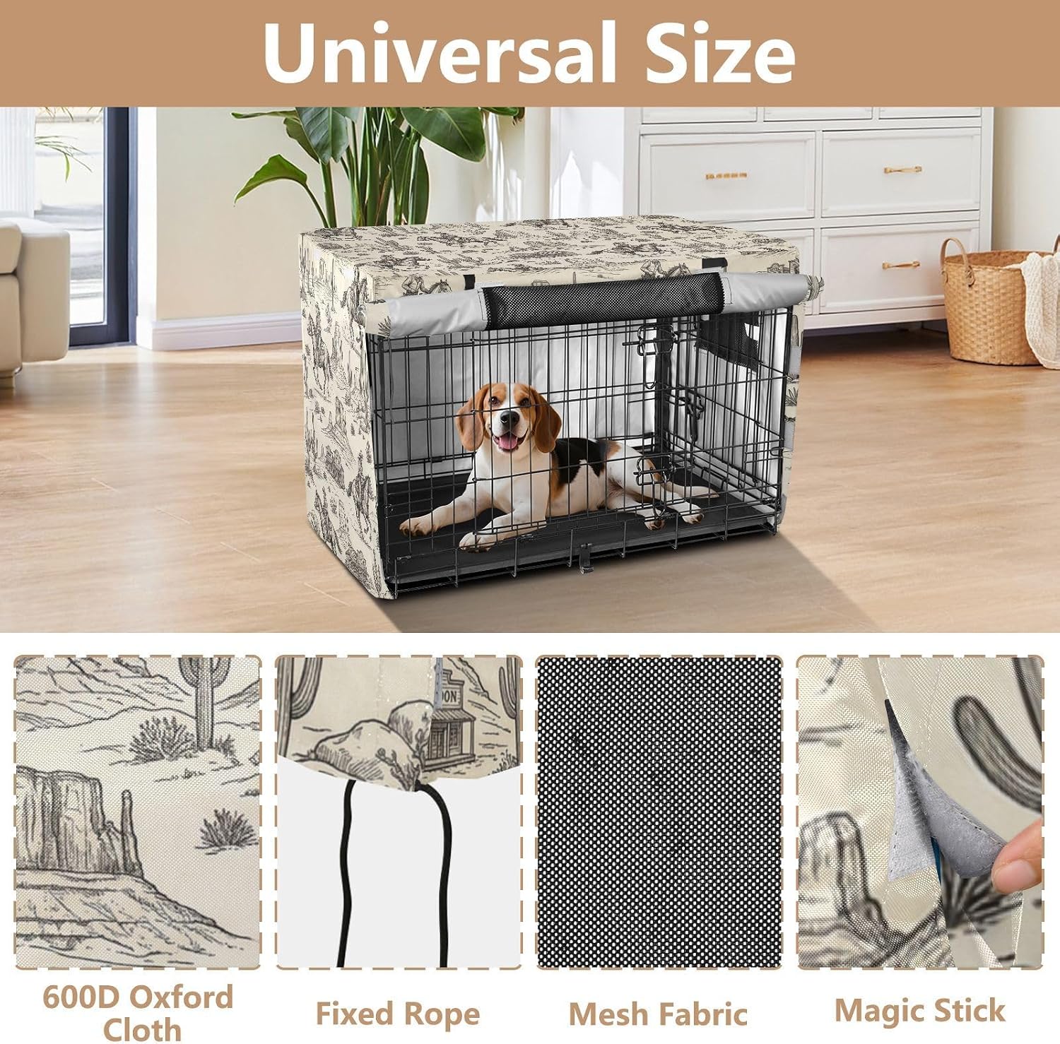 Duty 600D Silver Coated Dog Crate Cover, Water-Resistant Western Cowboy Pet Kennel Canopy with Mesh Windows for Optimal Ventilation, Universal Fit for Standard Wire Cage, Indoor & Travel