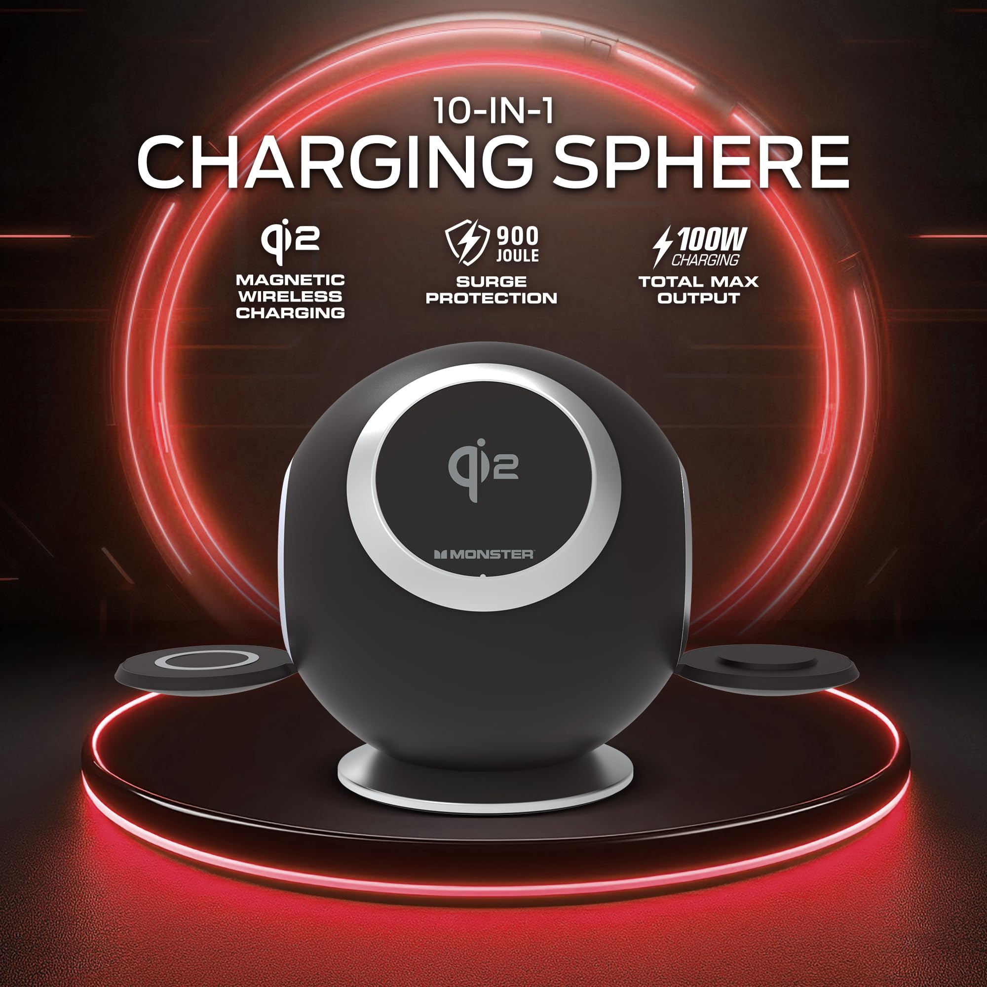 Monster Estación de carga 10 en 1, incluye 3 salidas de CA, 2 puertos USB-A, 2 puertos USB-C PD (65 W máximo), 3 cargadores inalámbricos compatibles con teléfonos compatibles con Qi (15 W), Apple