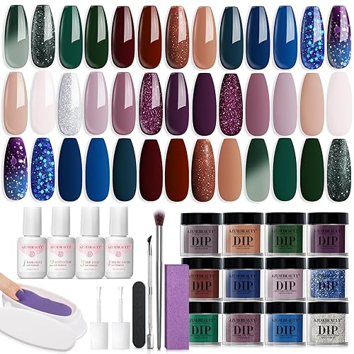 AZUREBEAUTY - Juego de 31 piezas de polvo de inmersión para uñas, 20 colores, morado, azul, purpurina, bandeja de reciclaje de polvo de inmersión