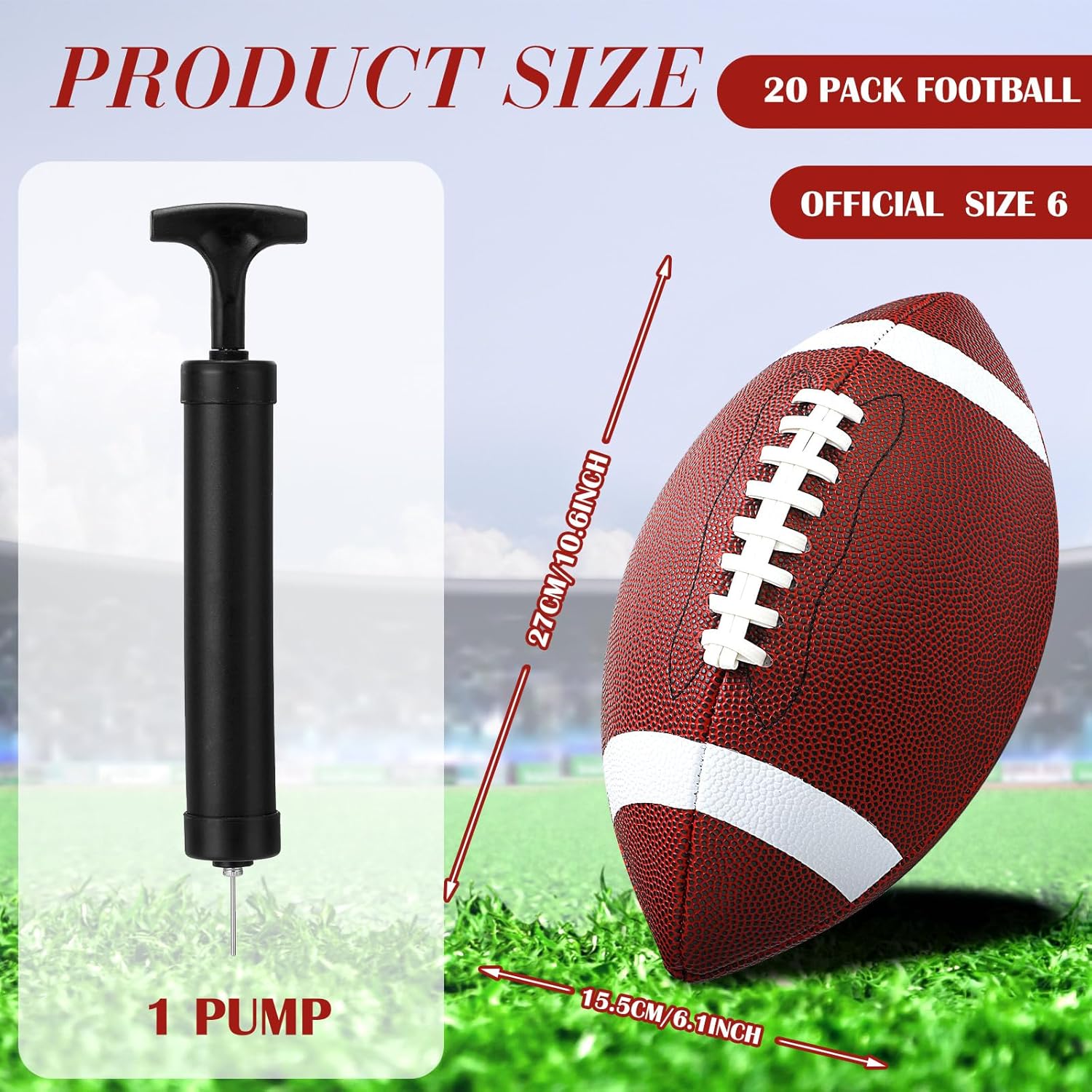 Jerify 20 Pack Composite Leather Footballs Bulk Official Size 6 Footballs Inflatable Football with Pump Indoor Outdoor Water Football for Training and Recreational Play