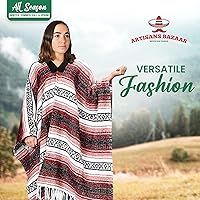 Vista 4 de Artisans Bazaar Poncho tradicional mexicano de Baja para hombres y mujeres, auténtico sarape de Gaban, manta de vaquero Pancho Jorongo rojo - rosa