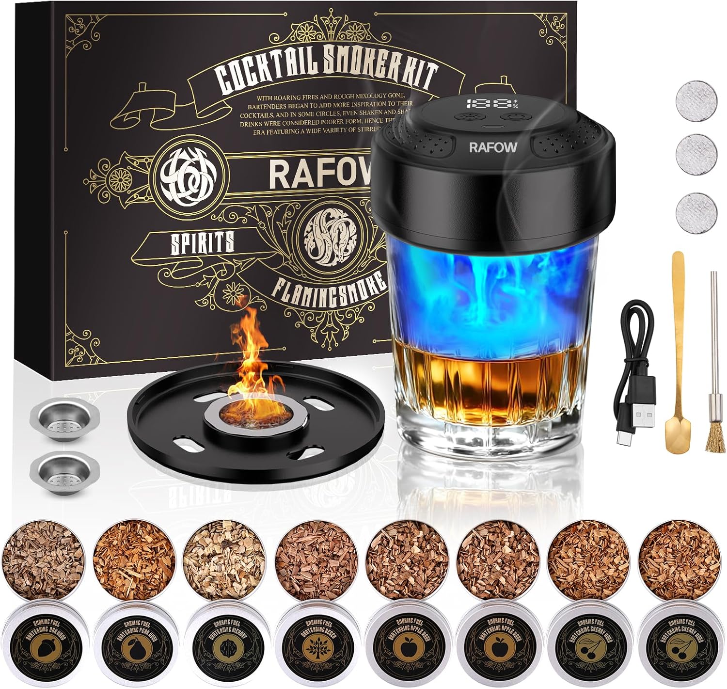 Rafow Whiskey Smoker Kit Electric : 8 Wood Chips with Ambient Light for Cocktail Smoker No Butane Required Old Fashioned Smoker Kit - Christmas Birthday Gift for Men Dad Husband Bourbon Whiskey Drinks Electric Smoker Kit