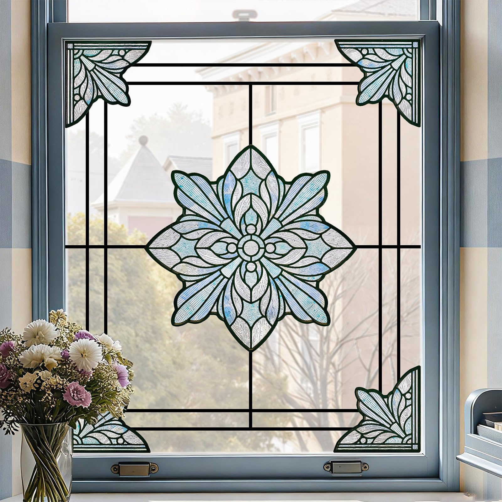 Window Stickers, ‌Stained Glass Window Privacy Film UV Blocking Static Cling for Home Kitchen Office Bathroom, Deep Sea Pearl 30X40CM