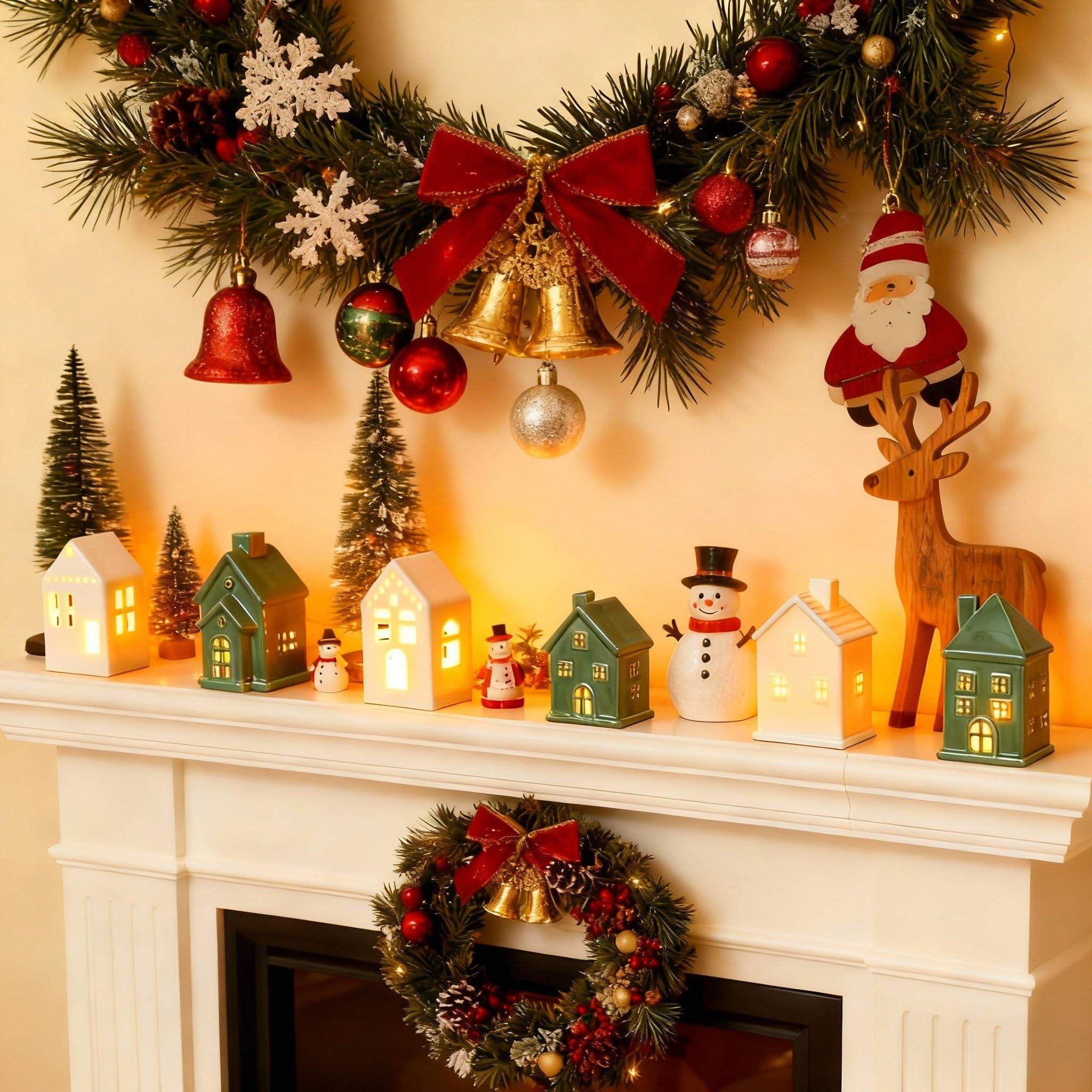 Vesici Weihnachtsdorf-Set, LED-beleuchtete Keramik-Dorfhäuser, Urlaub, Miniatur-Porzellan-Hausfiguren, Dekorationen für Zuhause, Tischplatte, Kaminregal, Dekoration (Grün und Weiß), 6 Stück