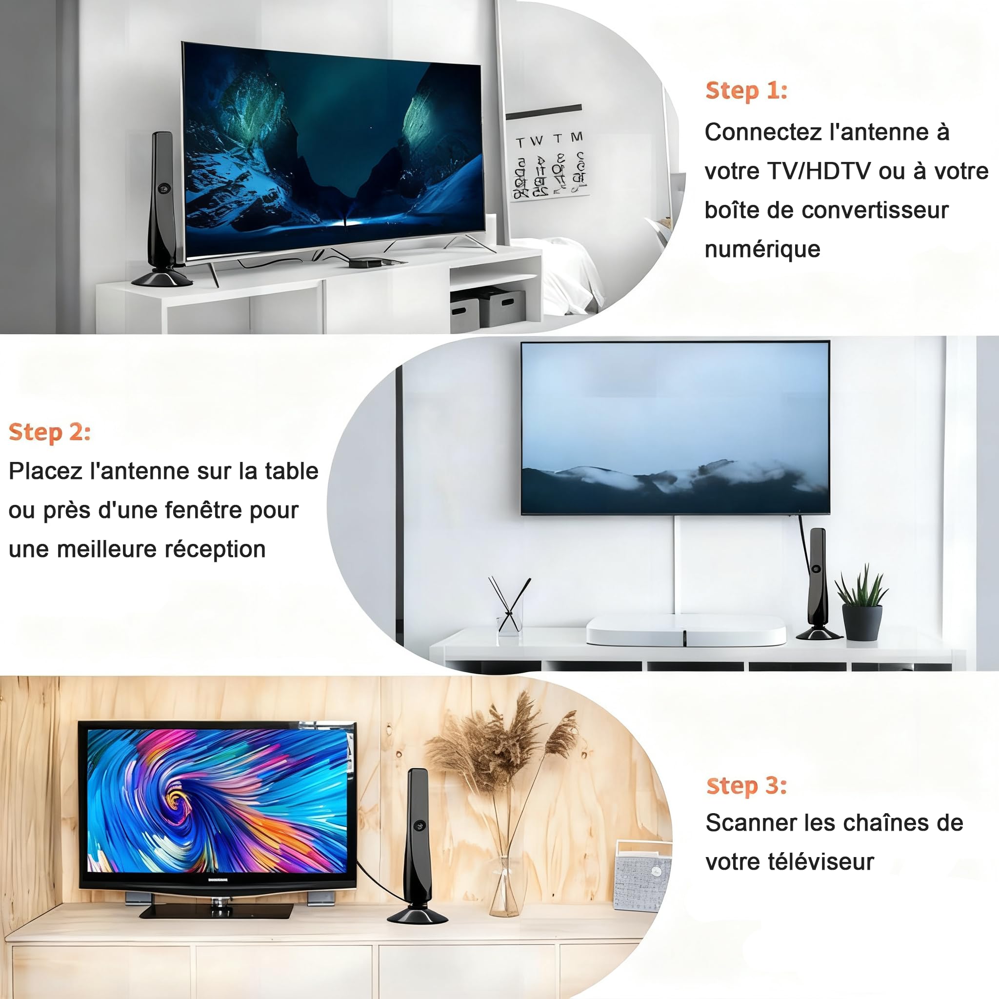 Antenne TV Intérieure Puissante – Réception Longue Portée à 360°Antennes TNT IntéRieur Puissante, Capture Chaînes Locales Gratuites, Base Magnétique, Câble Coaxial 3m