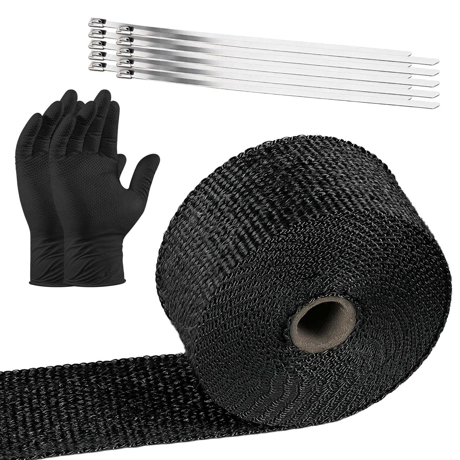 Vbgurr Black 5M Car Exhaust Wrap,Exhaust Tape Bandage,Titanium Fiberglass Heat Insulation Wrap Roll With 10Pcs Stainless Zip Ties & Gloves,Exhaust Heat Shield Tape For Motorcycle Car Exhaust Pipes, Mainfold