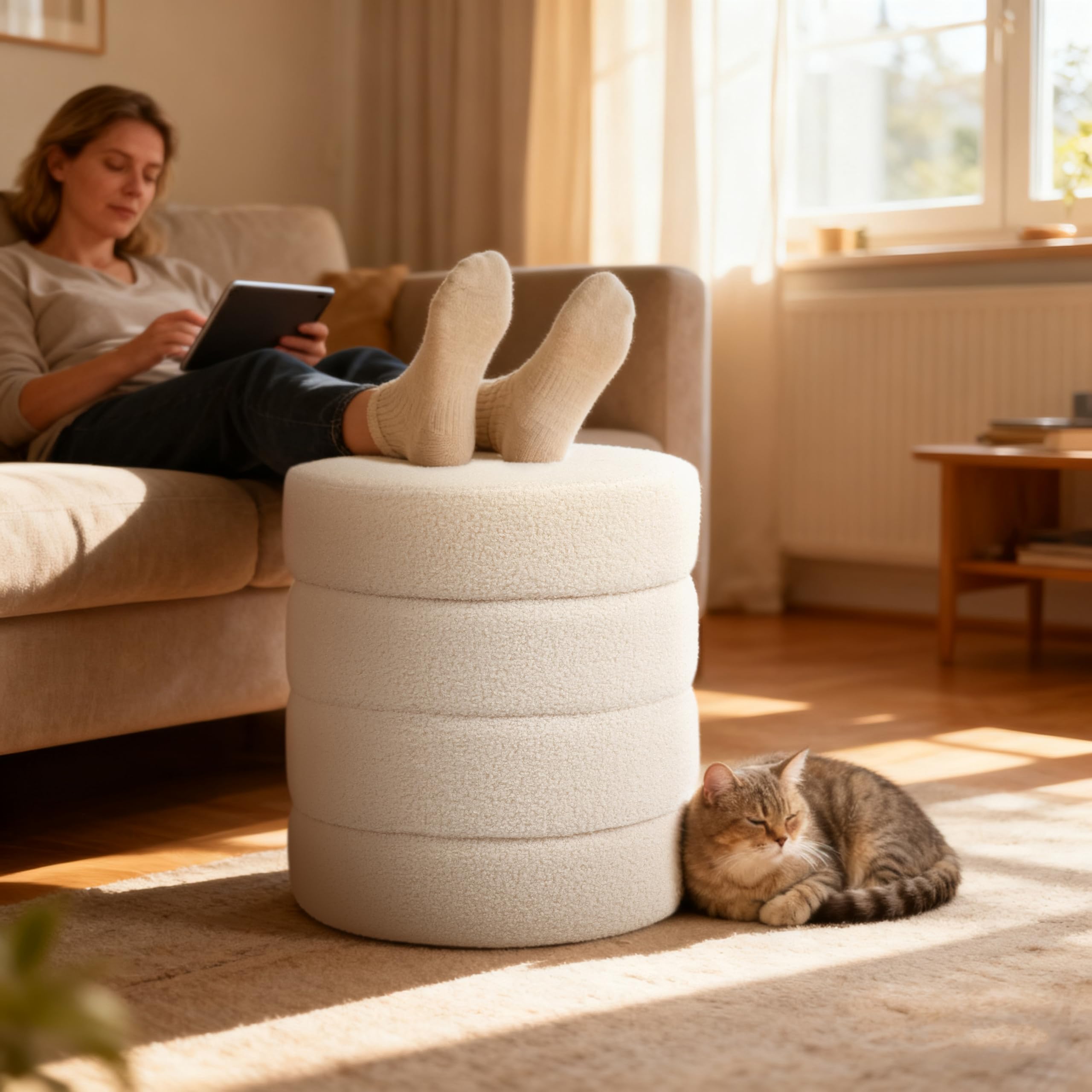Taburete Redondo de Bouclé Blanco con Almacenaje y Tapa Reversible – Puff Multifuncional para Tocador, Salón, Dormitorio y Habitación Infantil