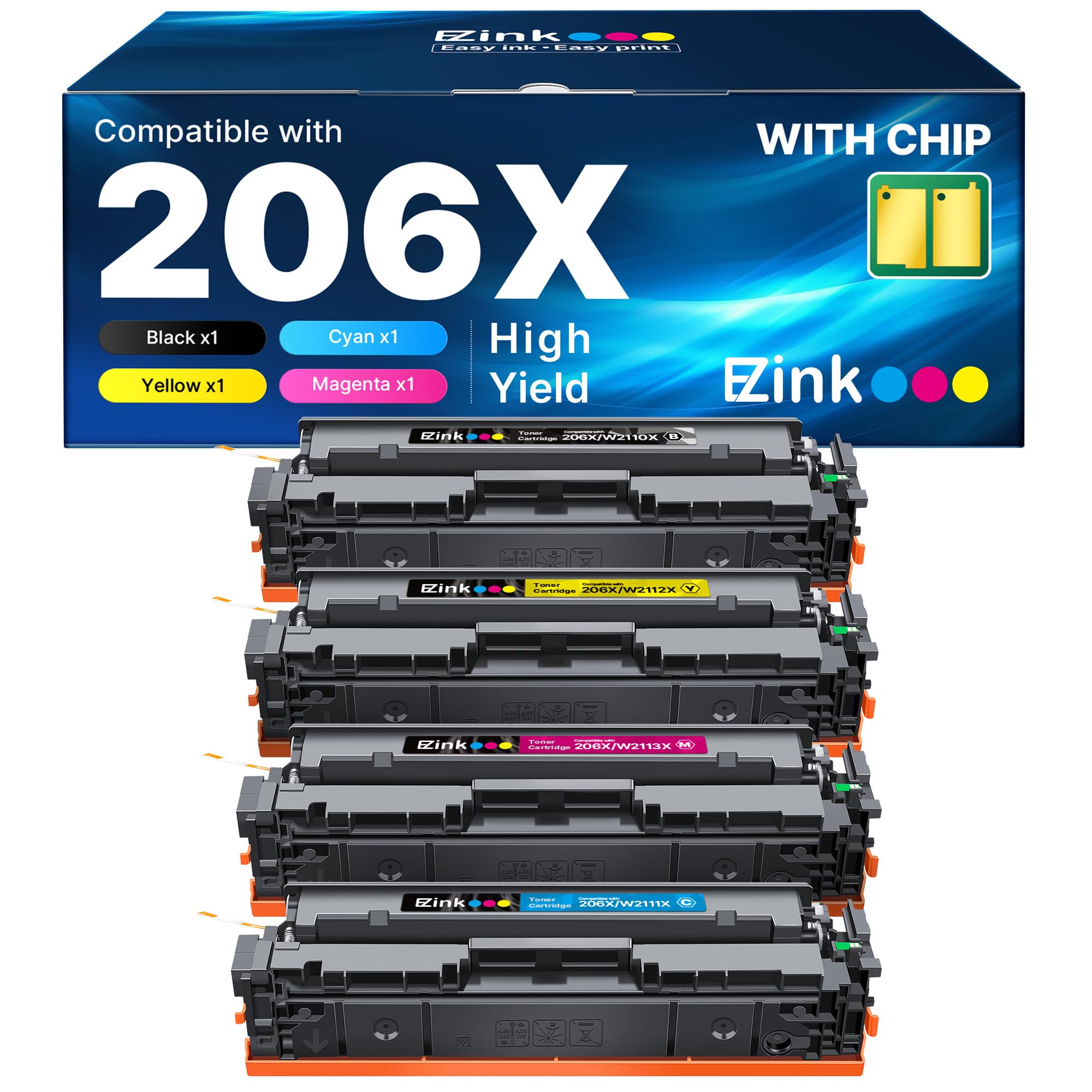 E-Z Ink 206X Toner Cartridges 4 Pack High Yield Compatible for HP 206X 206A W2110X W2110A to Use with HP Color LaserJet Pro MFP M283fdw M283cdw M283fdn M282nw M255dw M255nw M283 (with Chip -B/C/Y/M)