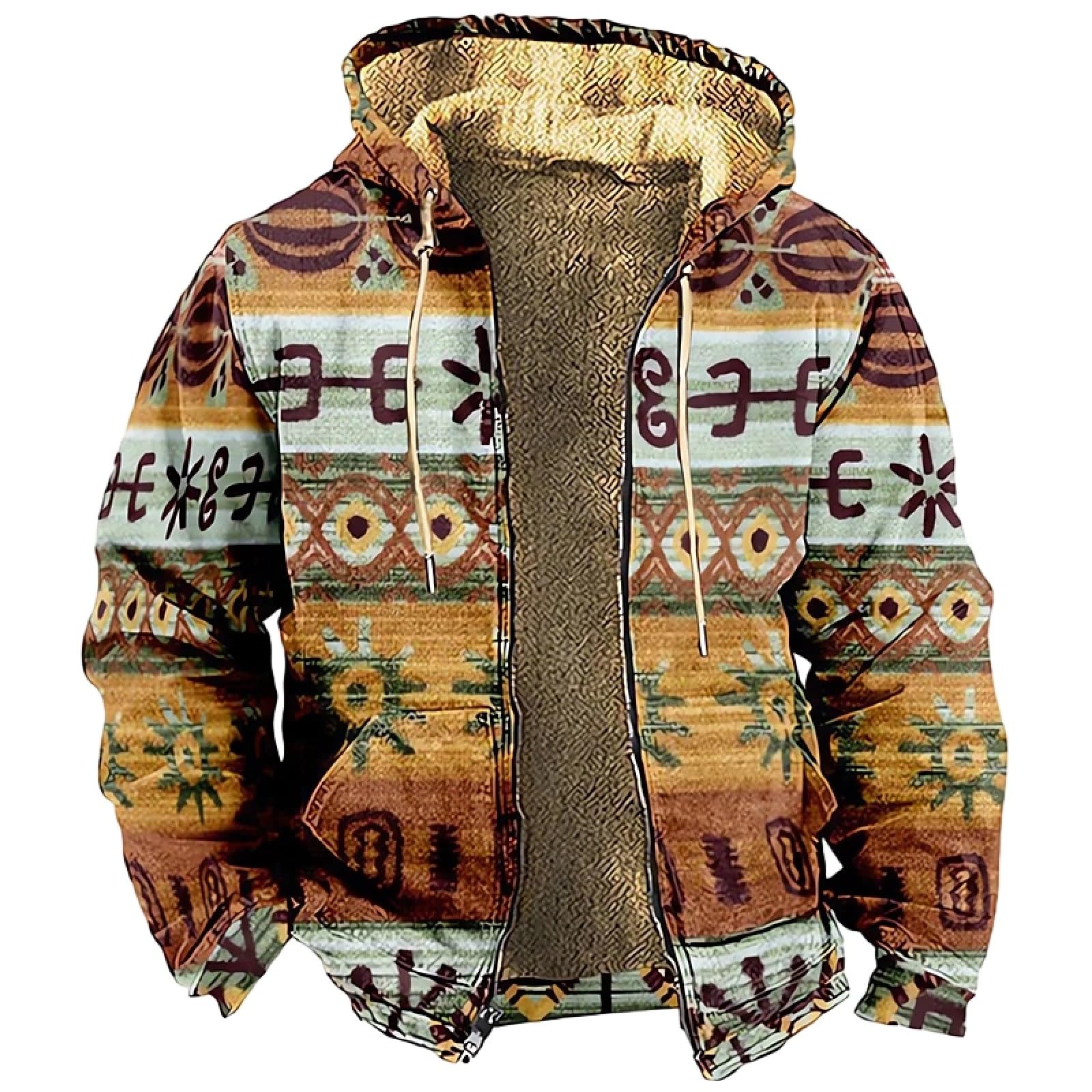 Felpe con Cerniera da Uomo - Pile Invernale Caldo Parka Grafica Etnica Tribale Giacche Felpe Cappotto con Cappuccio Quotidiano per Le Vacanze Uscire