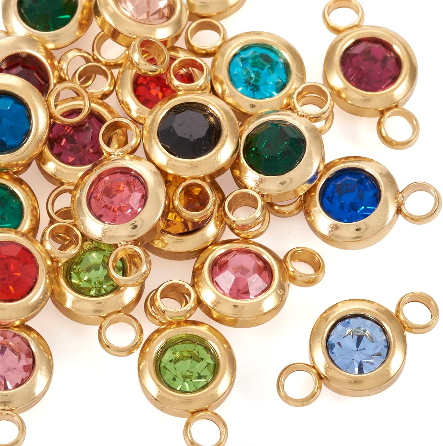 Cheriswelry 34Pcs Stainless Steel Connector Charms Flat Round Rhinestone Crystal Link Pendants 17 Colors for DIY Necklace Bracelet Jewelry Making