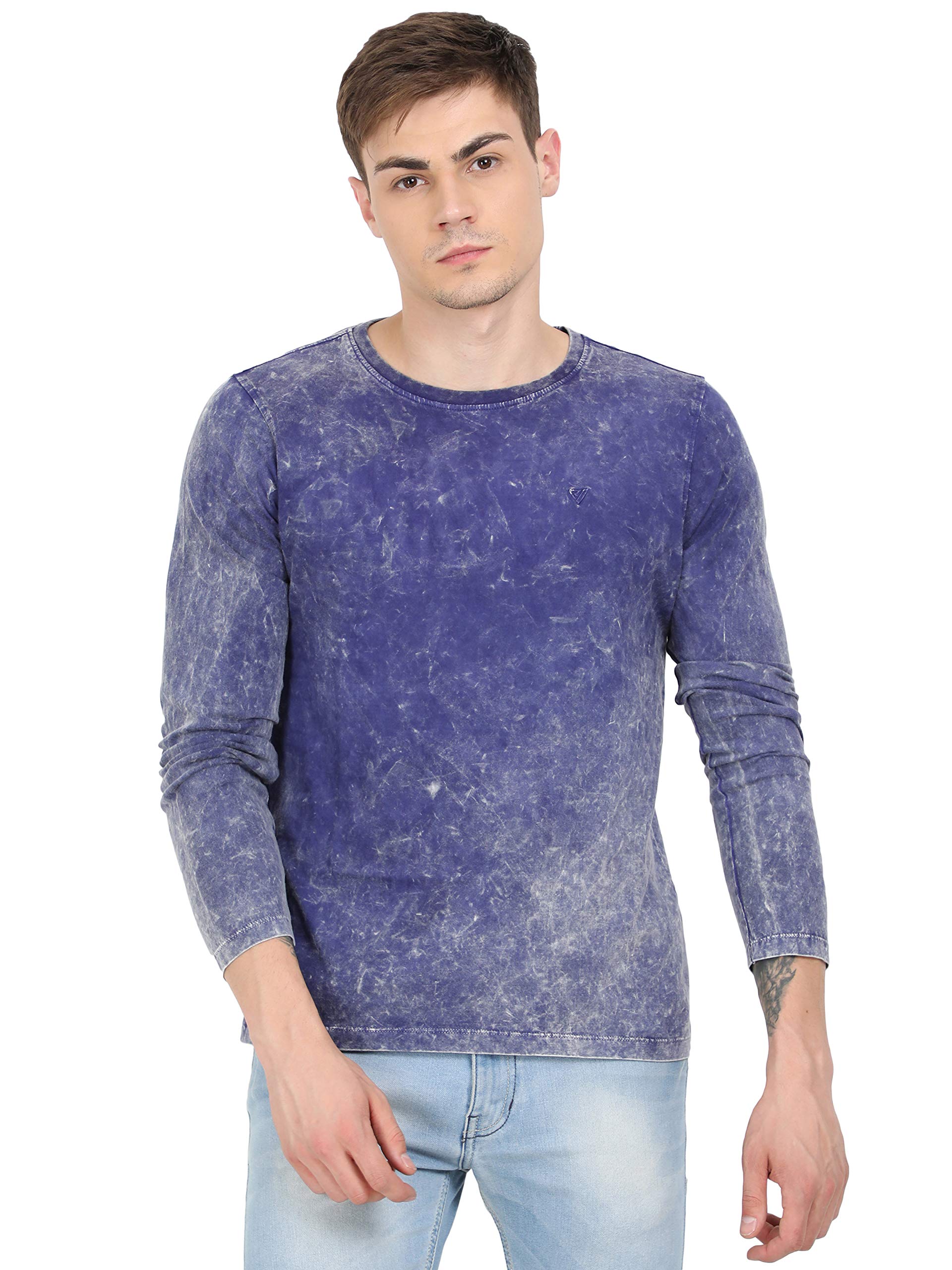 RARE & DENCH Men's Bio-Washed Indigo Full Sleeve Casual T-Shirt (X-Large)