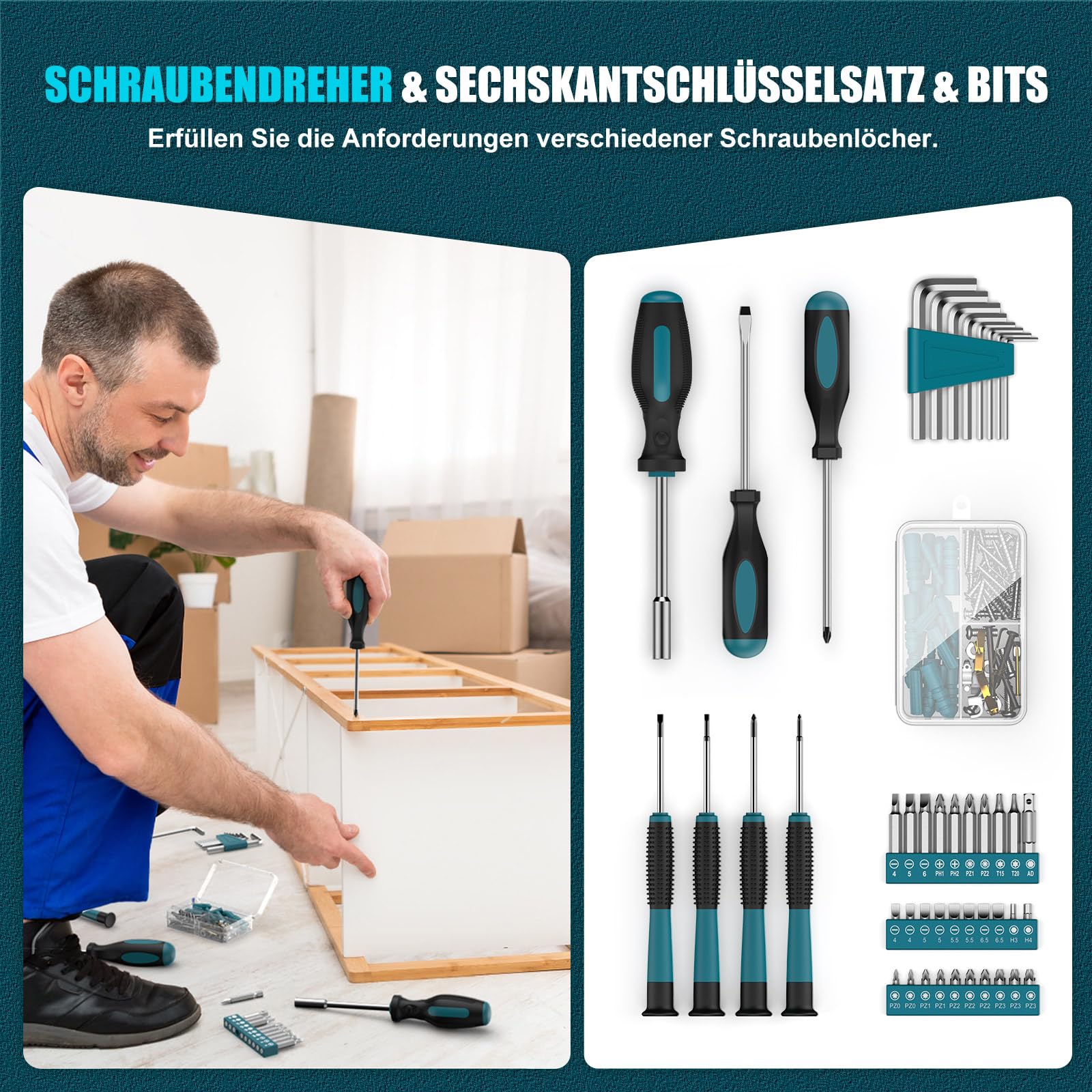 Sundpey Werkzeugkoffer Gefüllt 206tlg, Werkzeugkoffer mit 12V Akkuschrauber zum Anziehen/Lösen von Schrauben, Haushalts-Werkzeugkasten Werkzeugset für Reparaturen im Haushalt und Heimwerken, Blu
