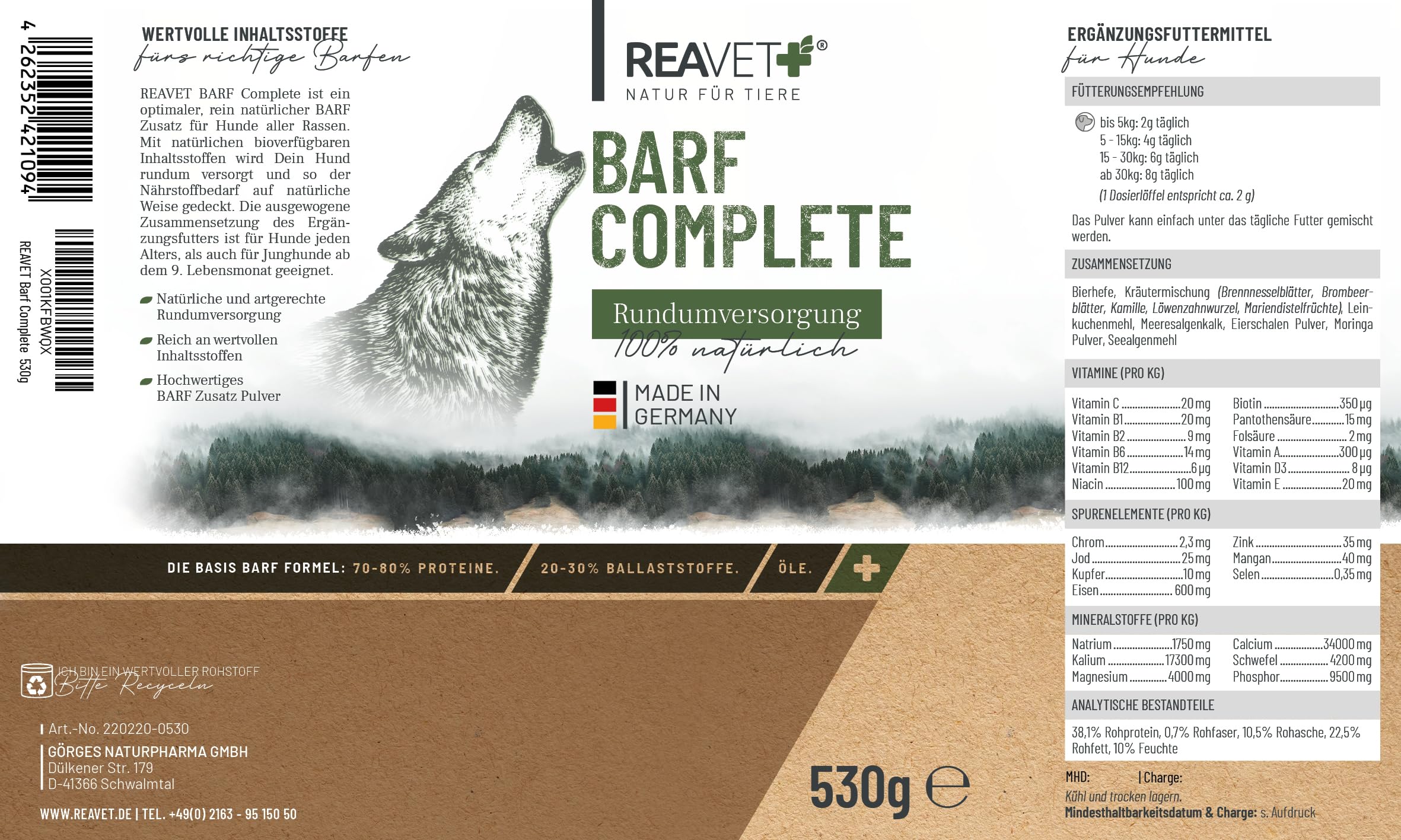 ReaVET Barf Complete Dog 530g - Barf, minéraux, Barf pour Chiens, vitamines Chien, additif Barf Chien