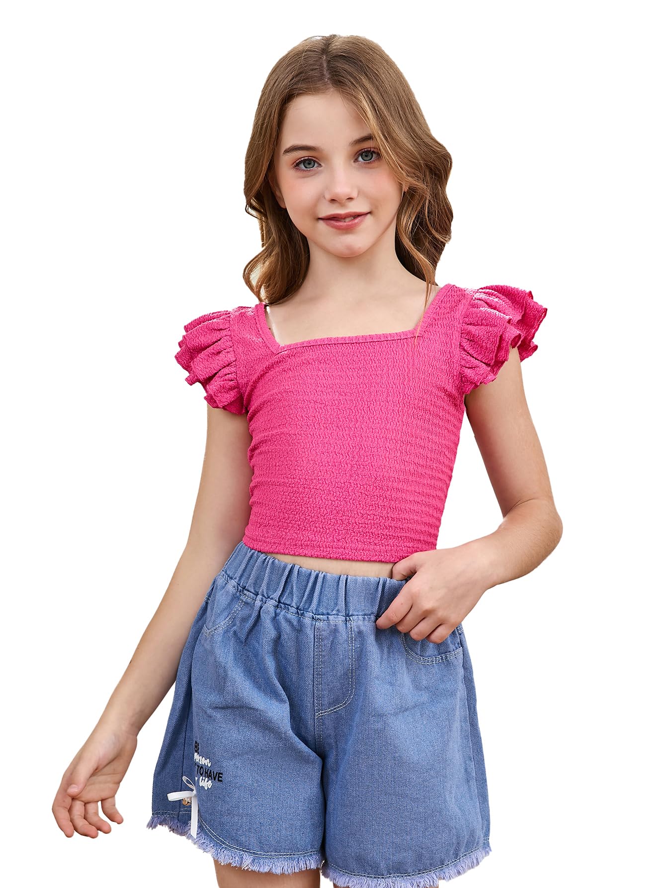 OYOANGLE Girl's Casual Solid Ruffle Trim Cap Sleeve Square Neck Cute Crop Tank Tops T-Shirts