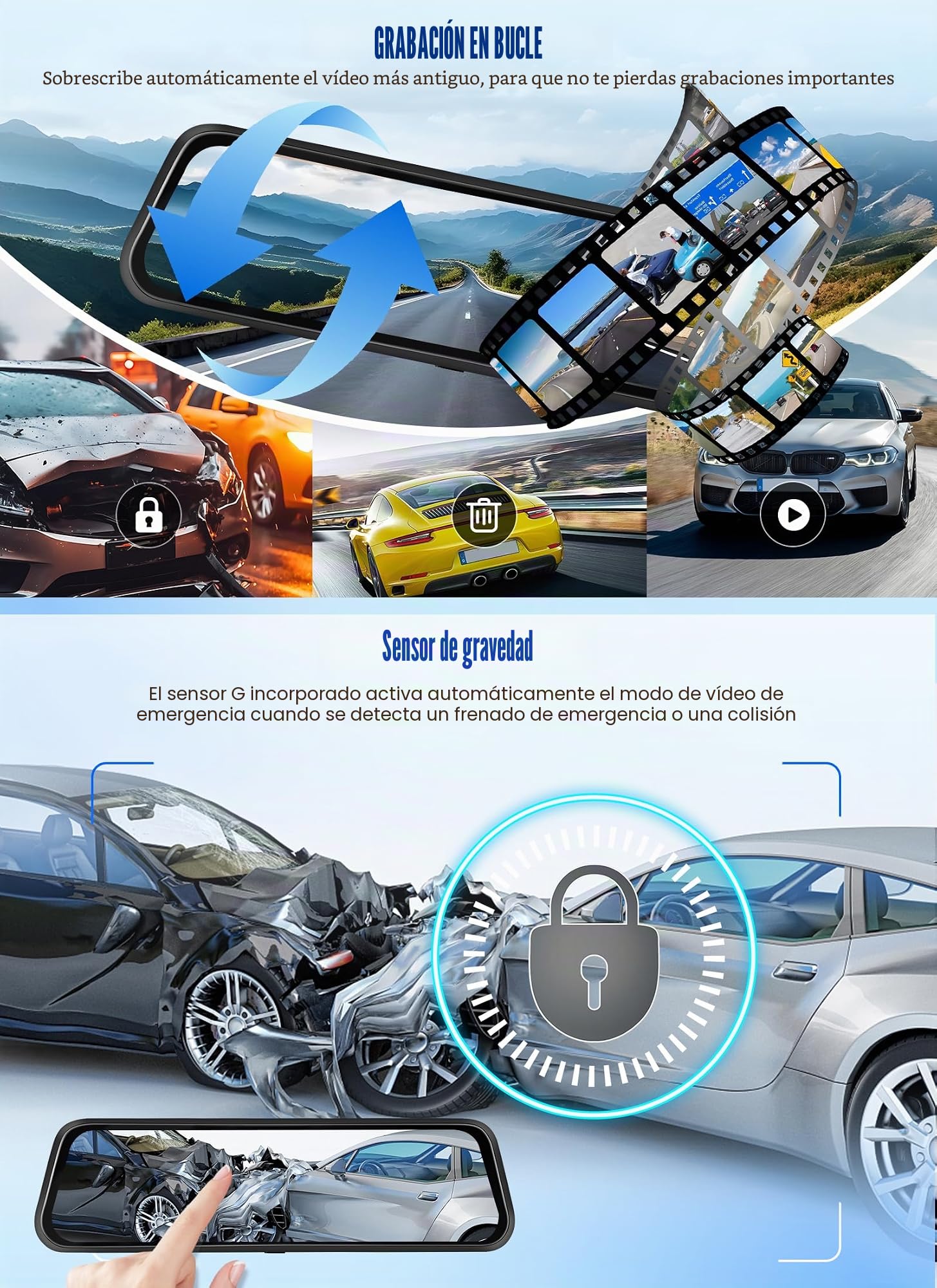 CAMECHO Mirror Dash CAM Pantalla de 9.66 Pulgadas 2K, Dashcam con Tres Cámaras: Frontal/Interior/Trasera -WiFi grabación en Bucle/Sensor de Gravedad/Asistencia al estacionamiento