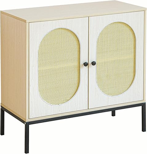 soges Gabinete de cocina de ratán, aparadores de 2 puertas con almacenamiento, gabinete de mesa auxiliar de consola con patas de metal, gabinete de