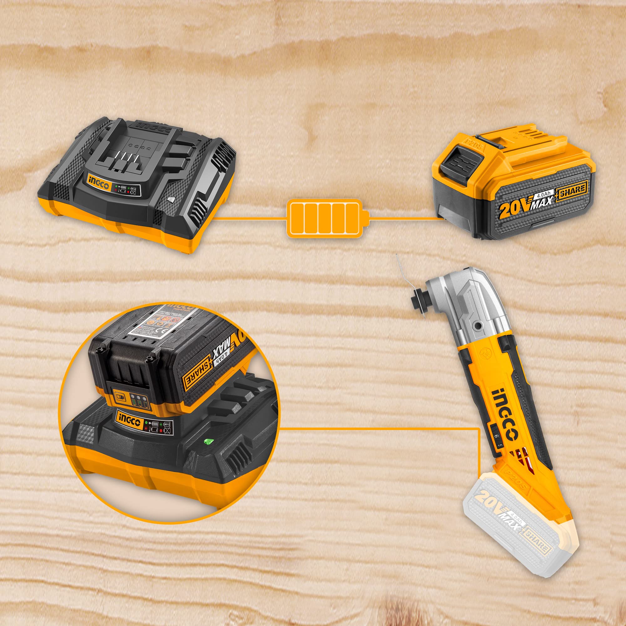 Multiherramienta Oscilante Inalámbrica sin Escobillas INGCO 20V 20000RPM Herramienta Multifunción de para cortar/aserrar/pulir/moler (4.0 Ah)