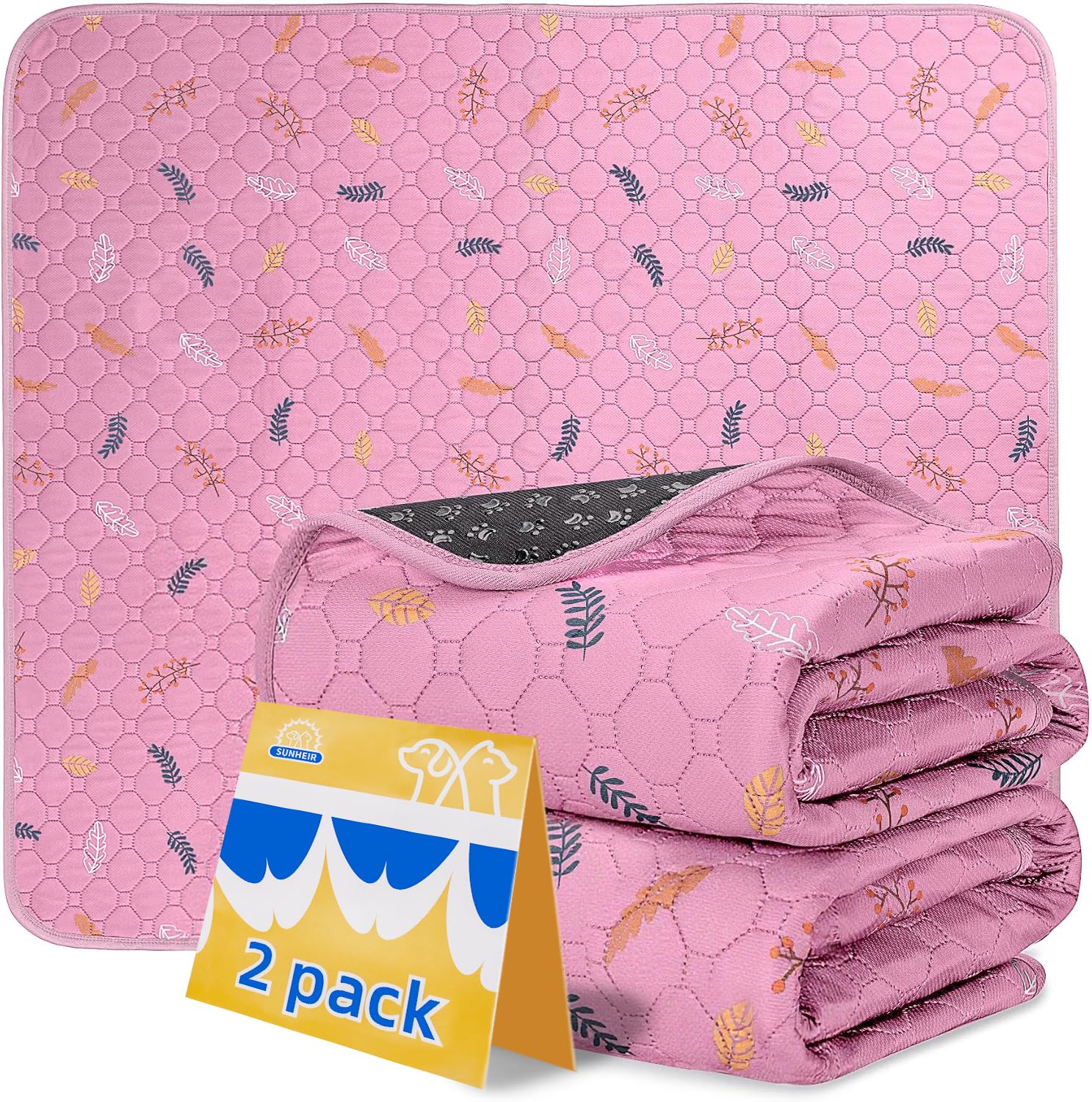 Sunheir Washable Pee Pads for Dogs 2-Pack Reusable Puppy Pads Pet Training Pads, Waterproof Dog Pee Pads for Crate, Whelping Pad, Non-Slip Protects Against Urine Leakage (Leaves - Pink, 18x24)