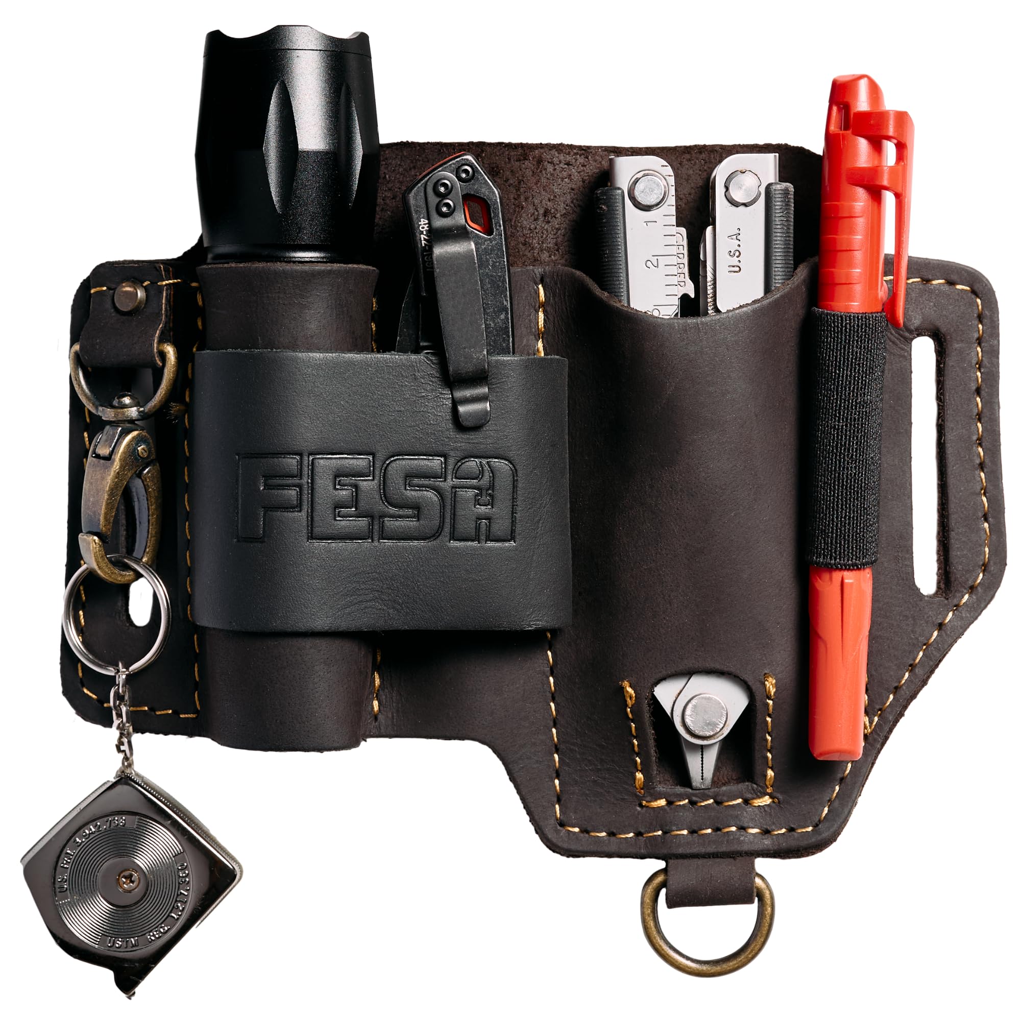 FESA Leather Multitool Sheath for Belt - Leather EDC Pouch Organizer for Tactical Pocket Knife, Flashlight & Pen - with Swivel Snap Hook - Work &